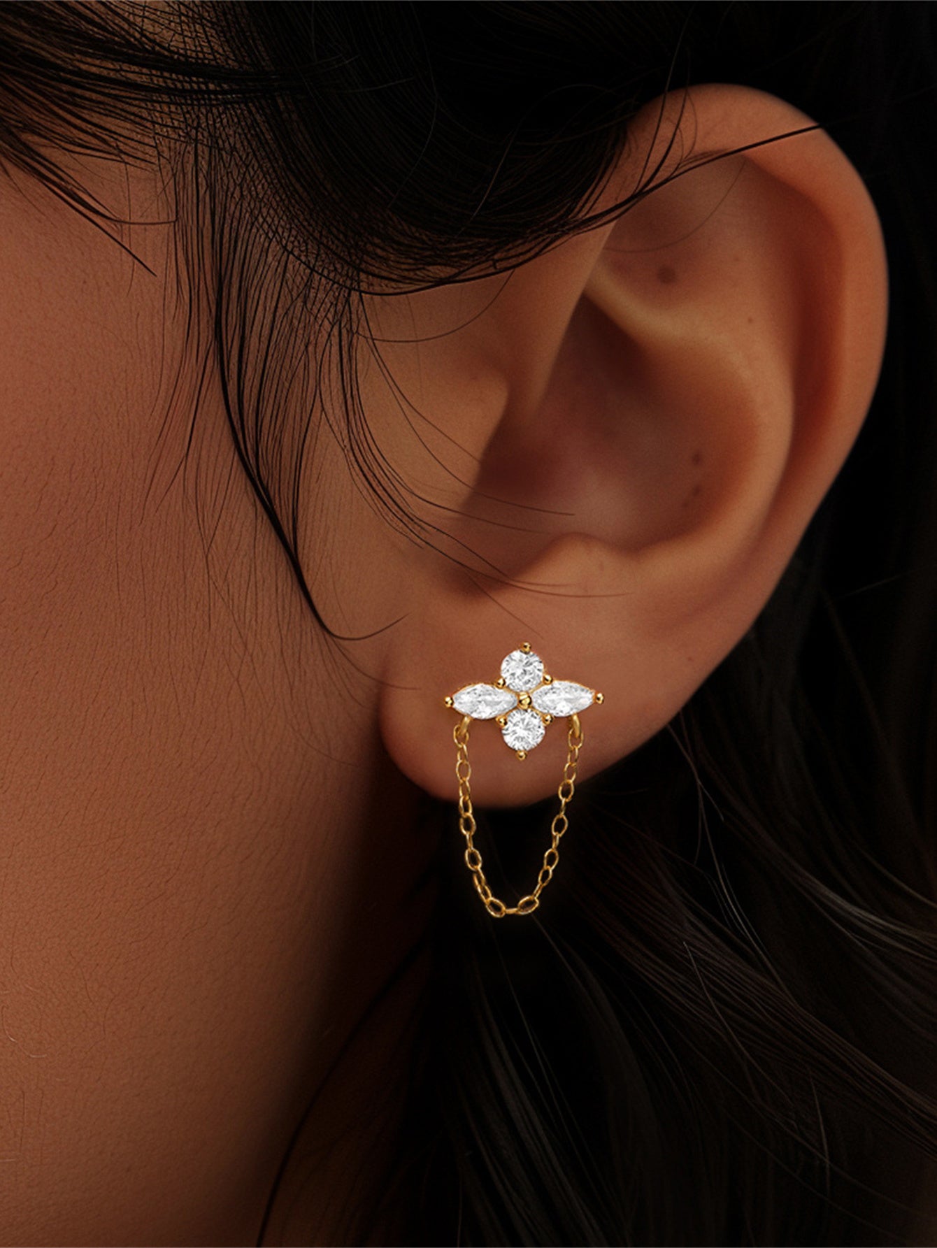 925 Sterling Silver Four-leaf clover Zircon Flat Back Piercing Stud Earrings