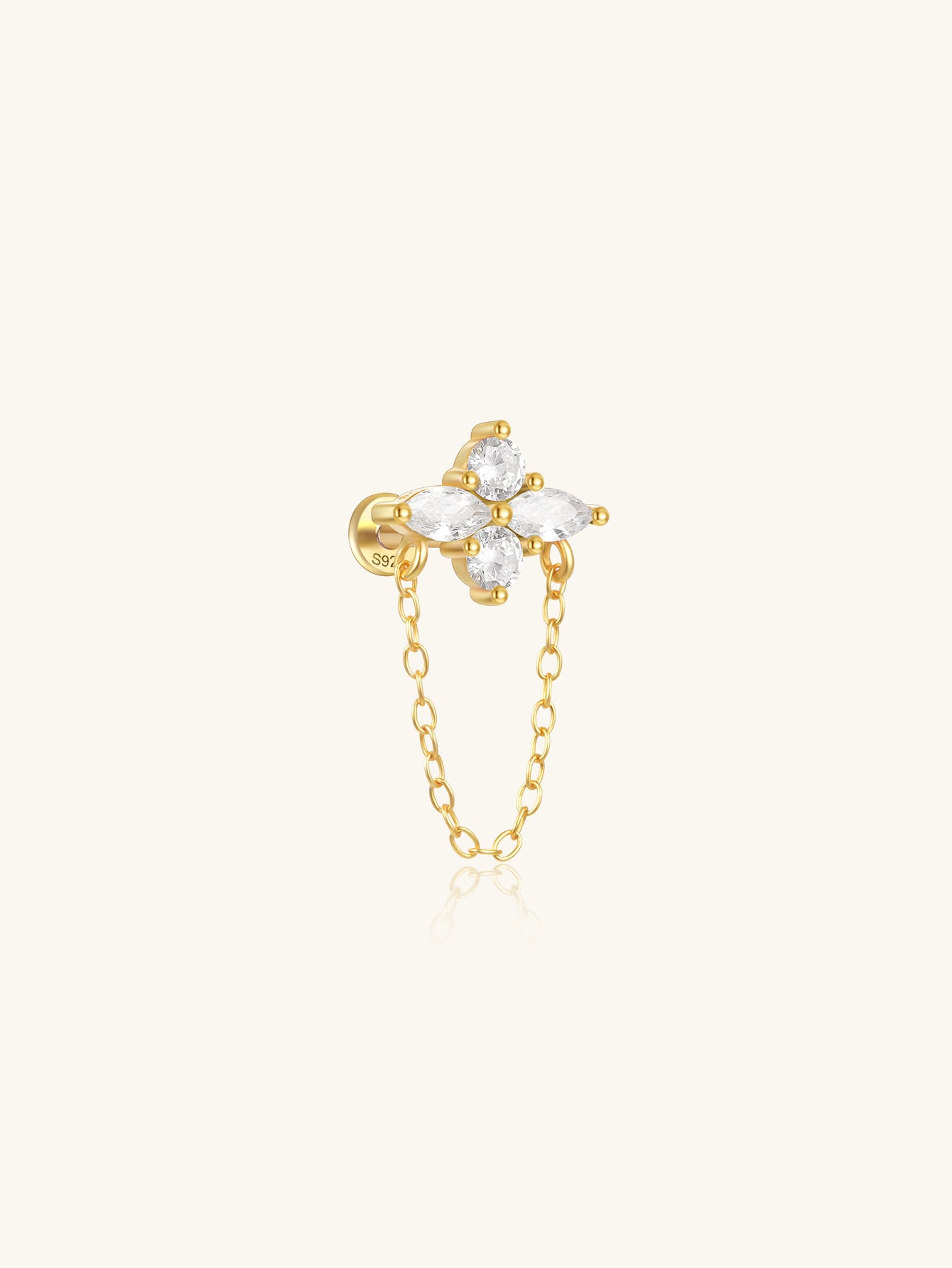 925 Sterling Silver Four-leaf clover Zircon Flat Back Piercing Stud Earrings