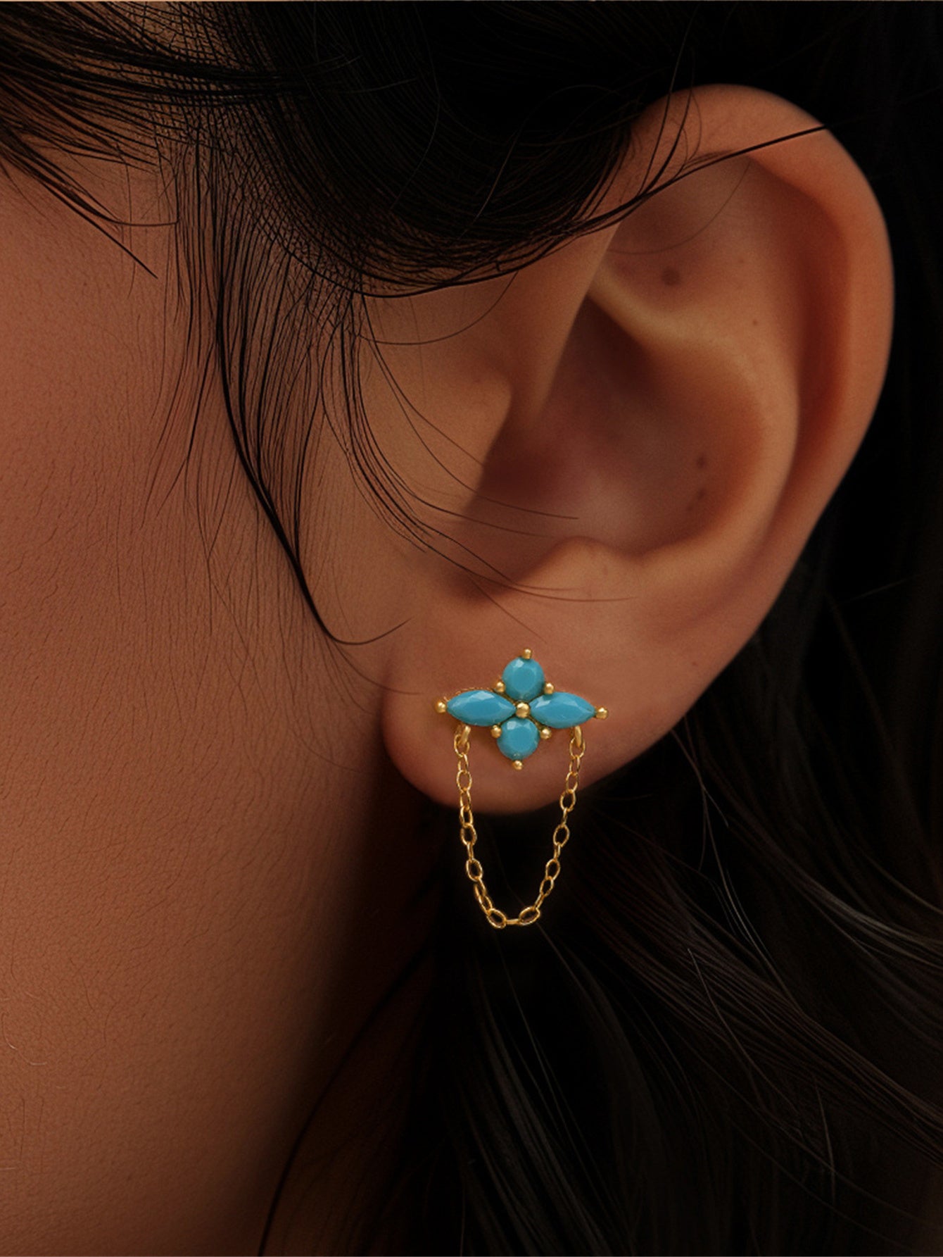 925 Sterling Silver Four-leaf clover Zircon Flat Back Piercing Stud Earrings