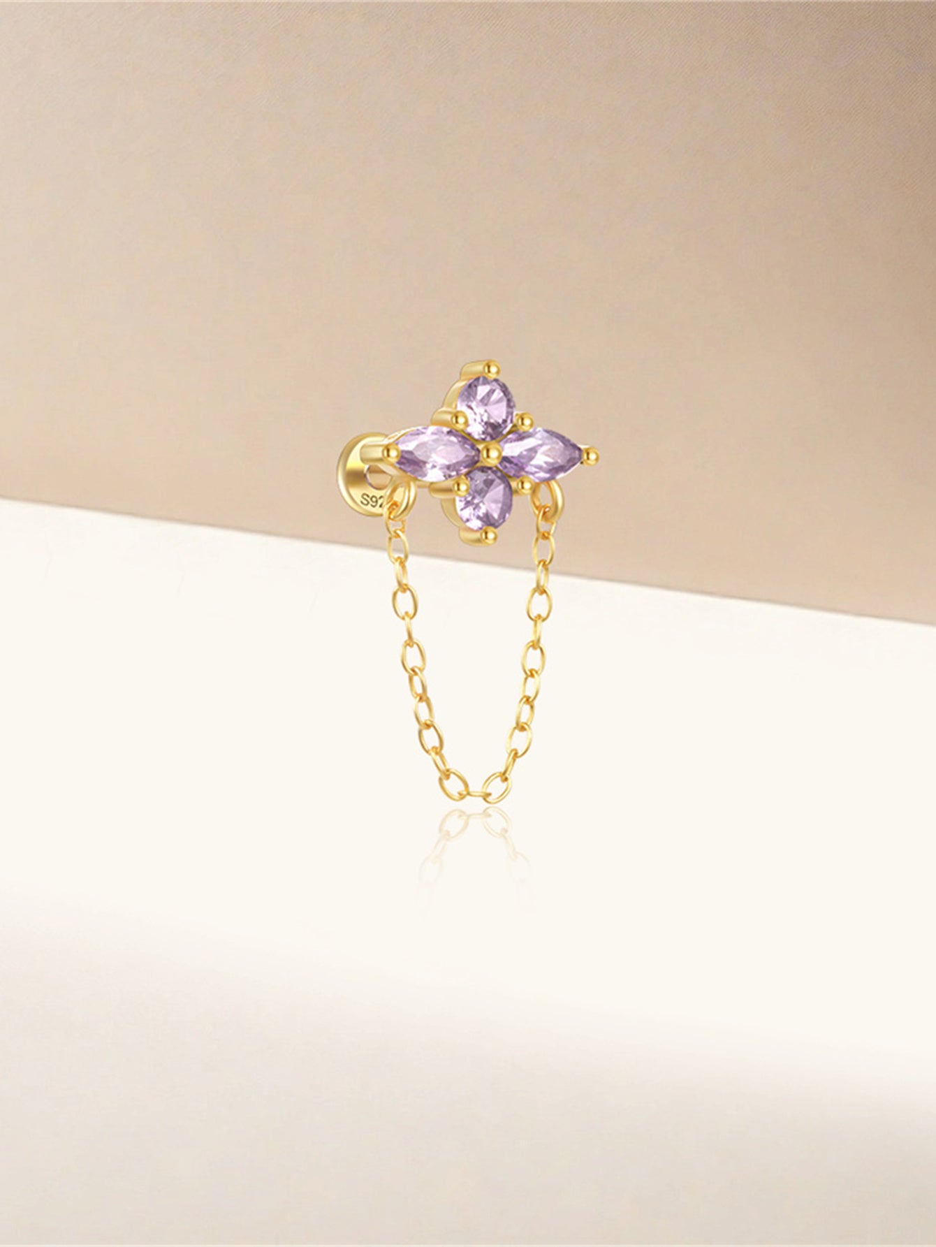 925 Sterling Silver Four-leaf clover Zircon Flat Back Piercing Stud Earrings