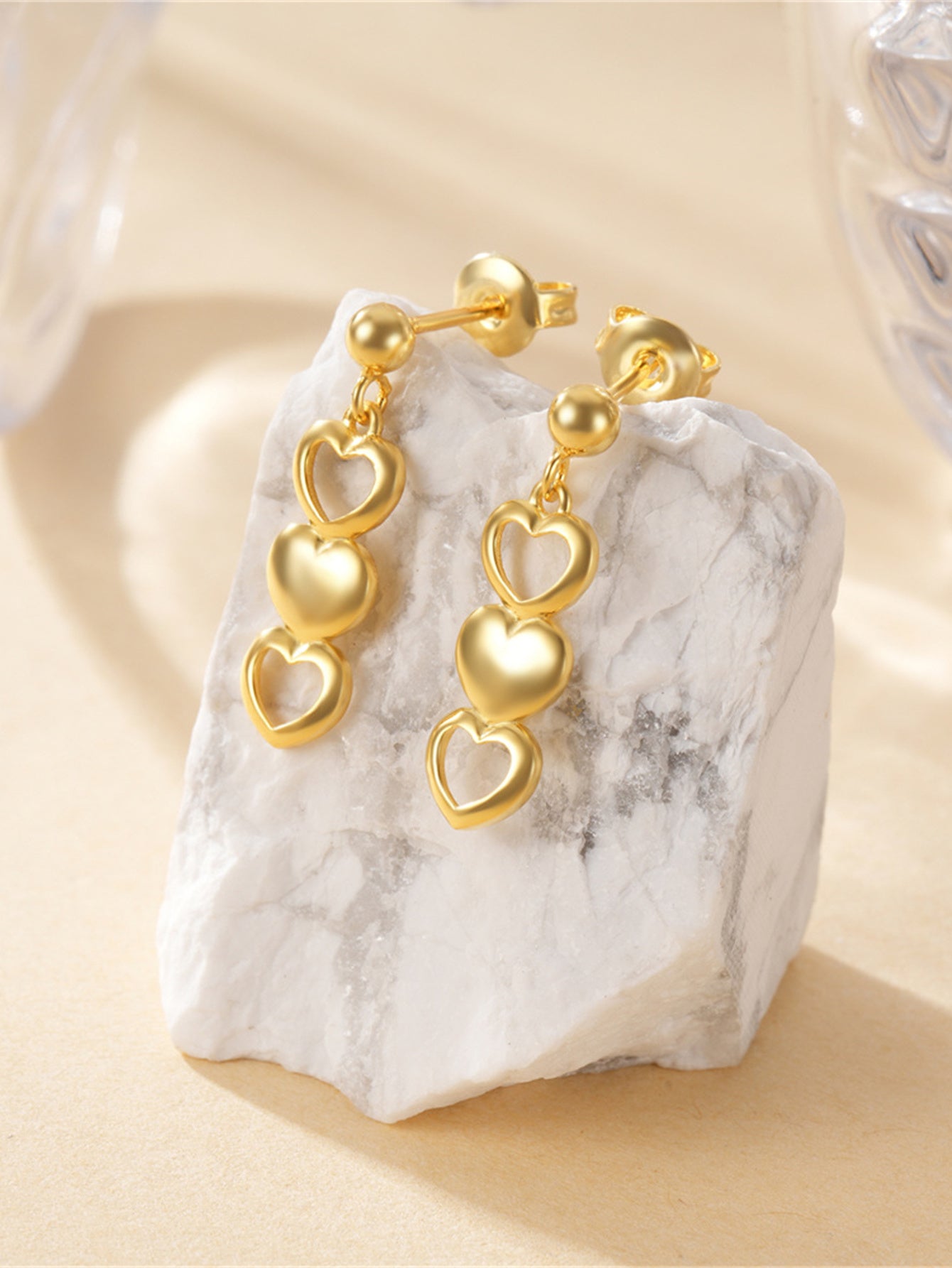 925 Sterling Silver Triple Heart Drop Stud Earrings