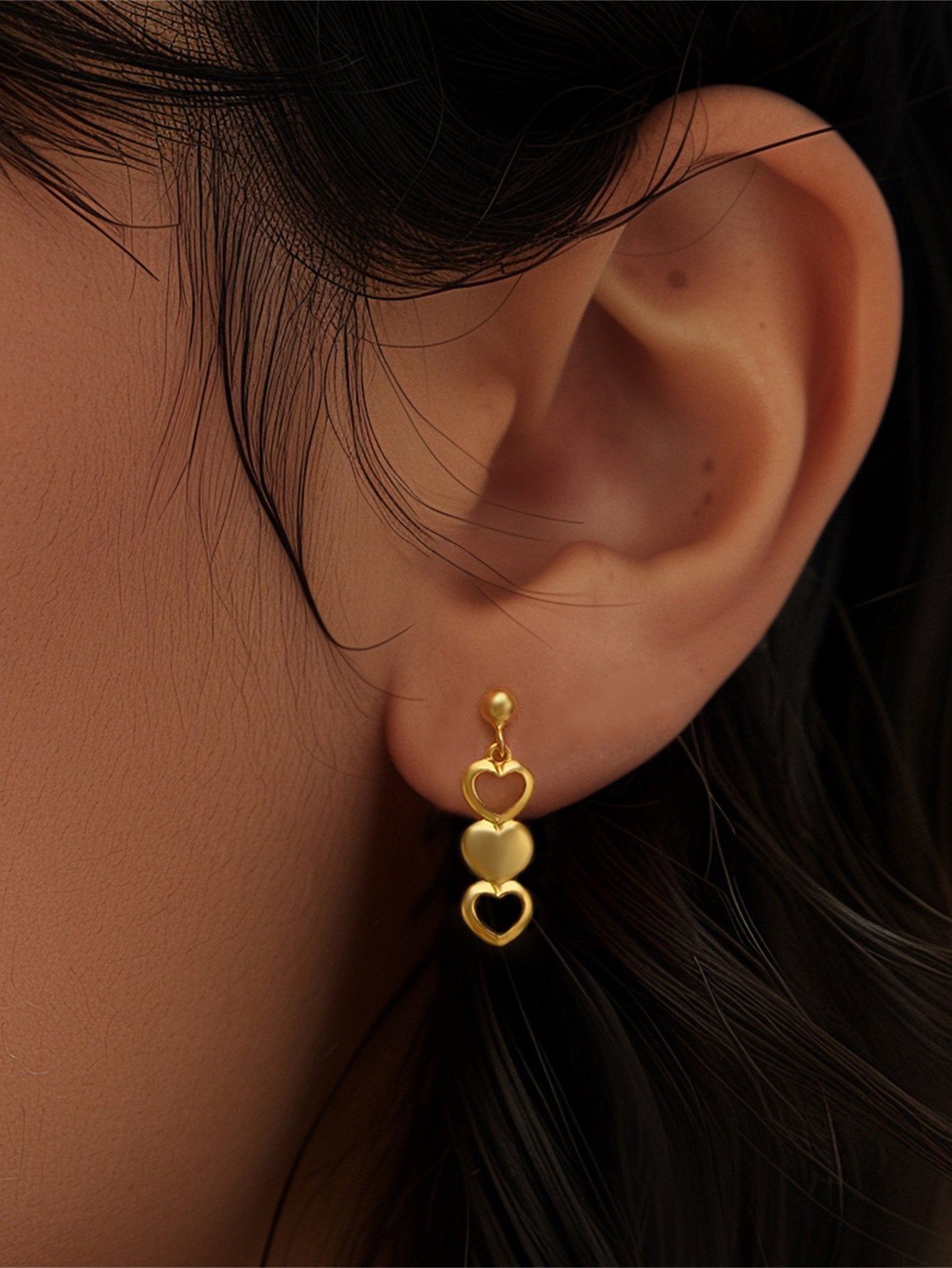 925 Sterling Silver Triple Heart Drop Stud Earrings