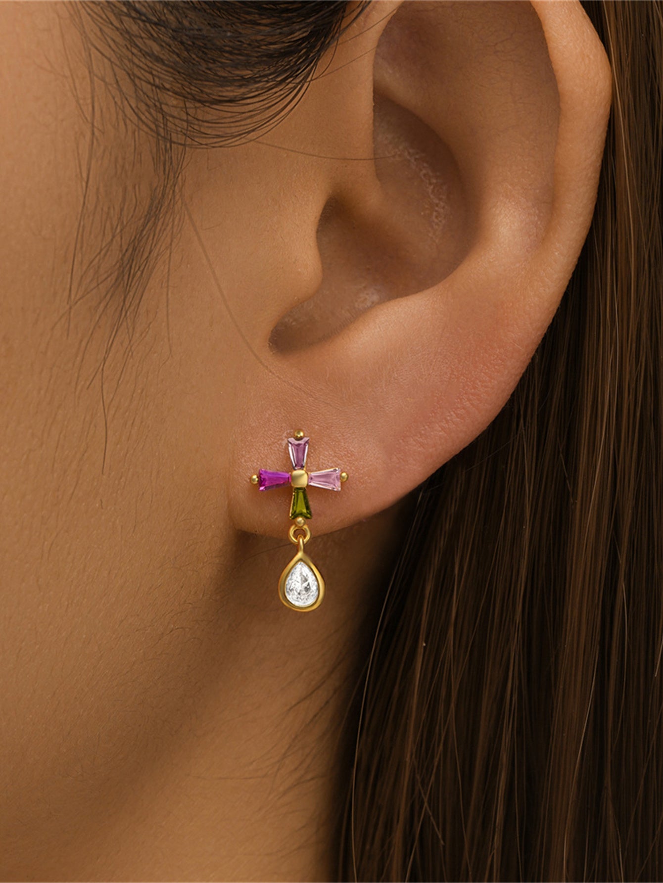 925 Sterling Silver Colorful Cross Drop Earrings