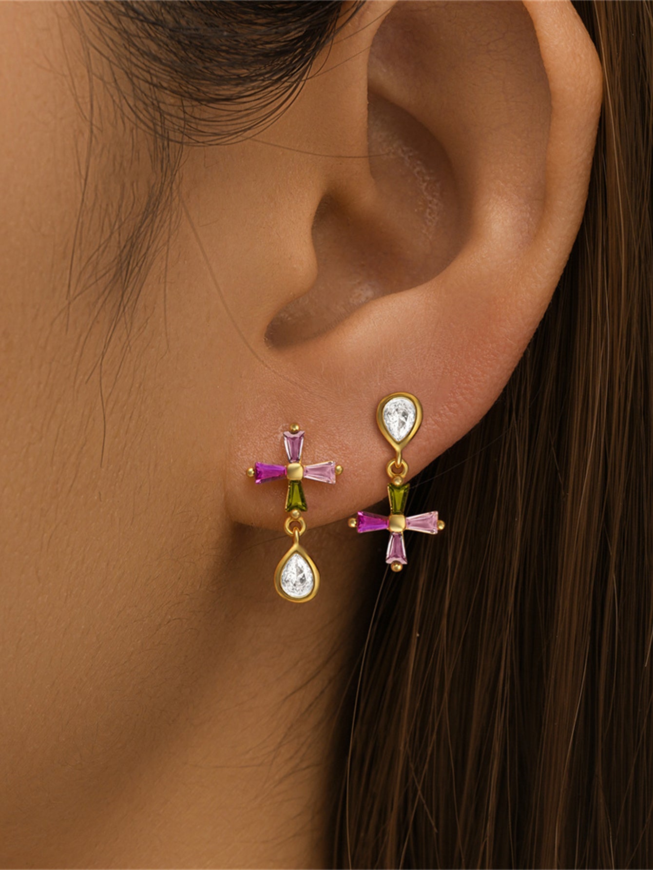 925 Sterling Silver Colorful Cross Drop Earrings