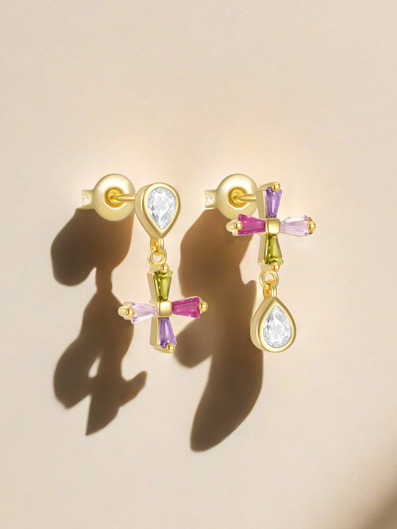 925 Sterling Silver Colorful Cross Drop Earrings