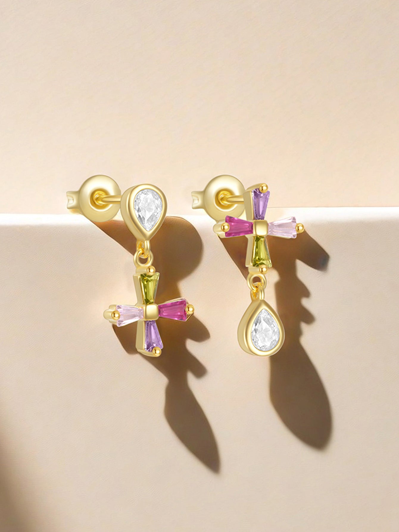 925 Sterling Silver Colorful Cross Drop Earrings