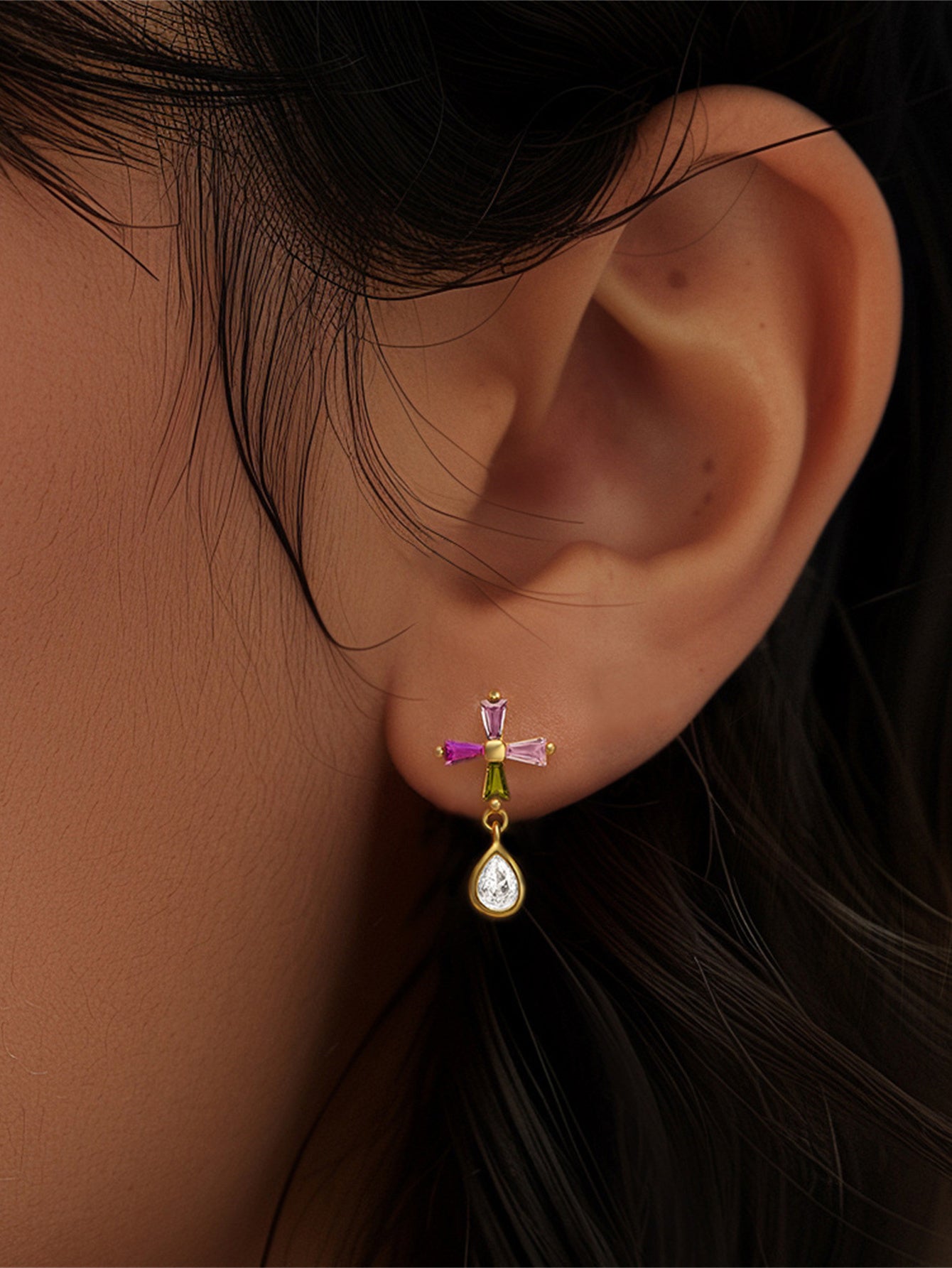 925 Sterling Silver Colorful Cross Drop Earrings
