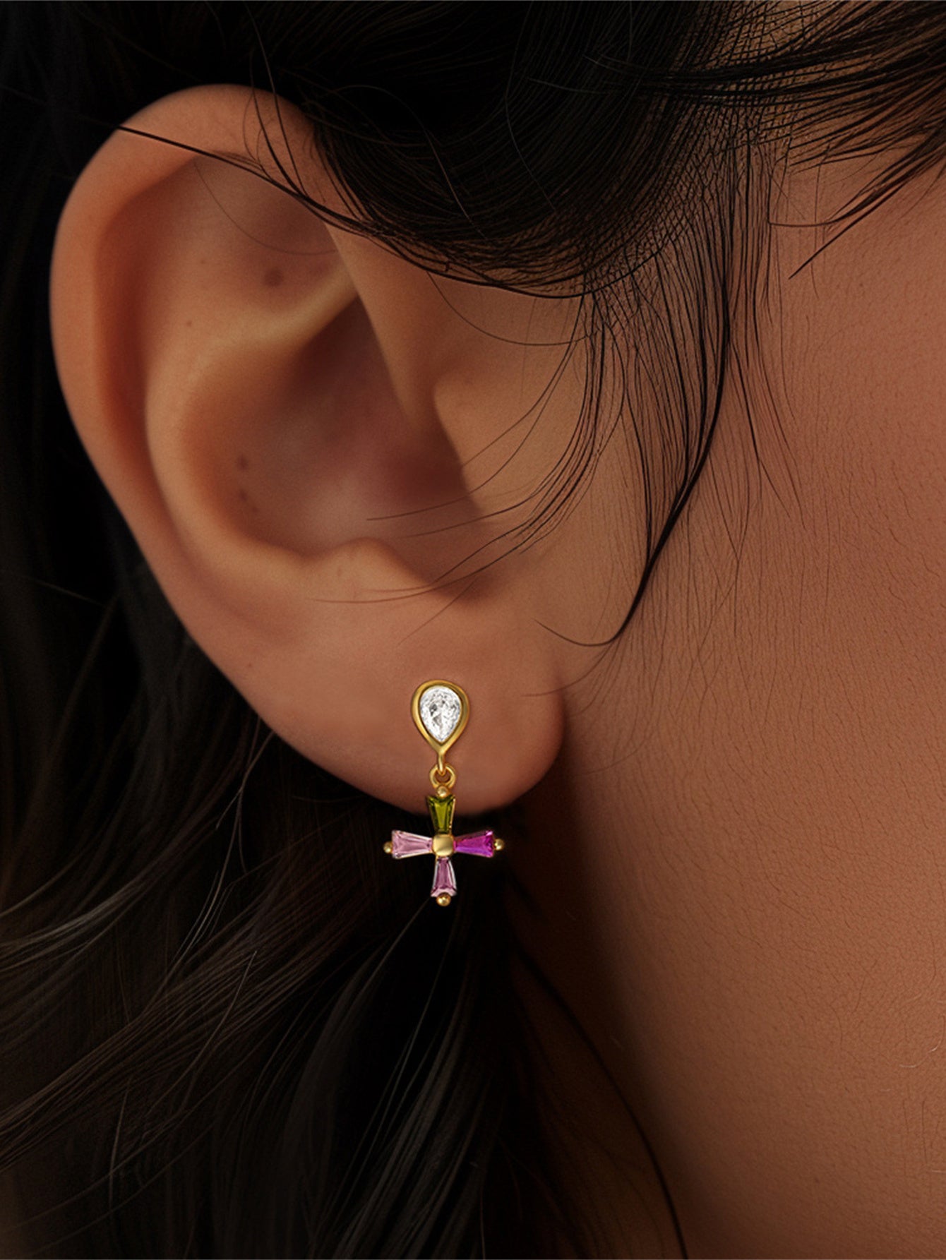 925 Sterling Silver Colorful Cross Drop Earrings