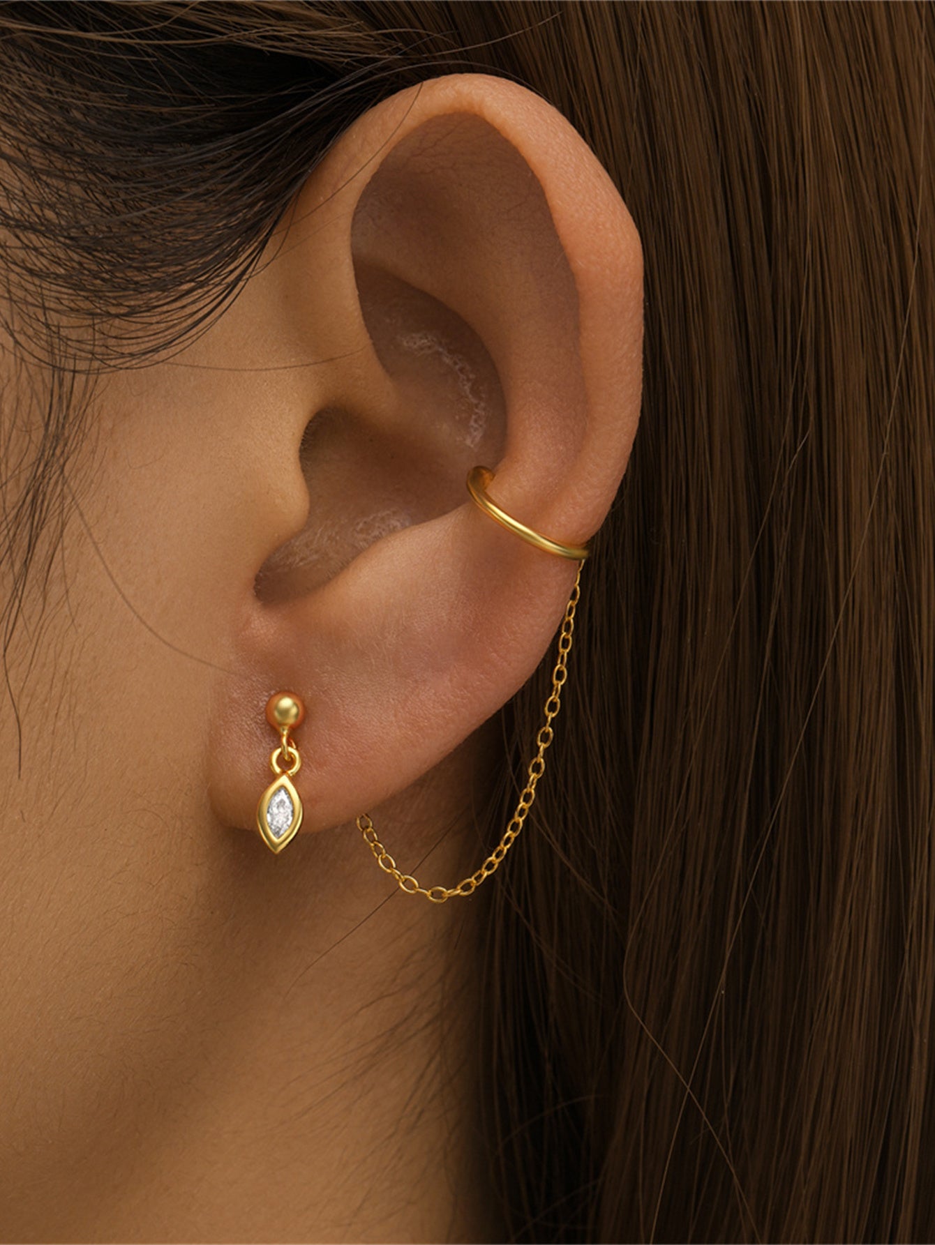 925 Sterling Silver Chain Link Ear Cuff Stud Earring