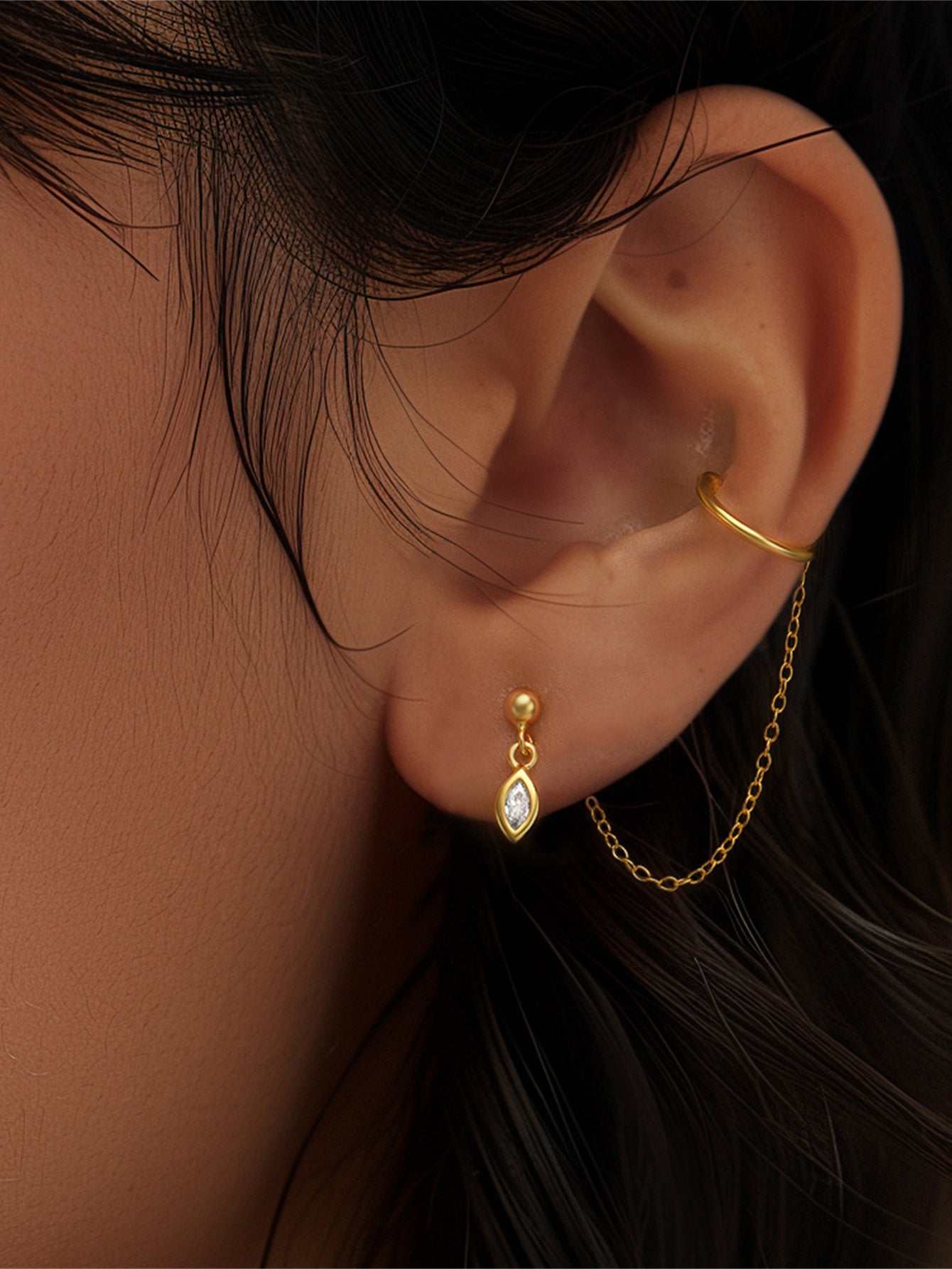 925 Sterling Silver Chain Link Ear Cuff Stud Earring