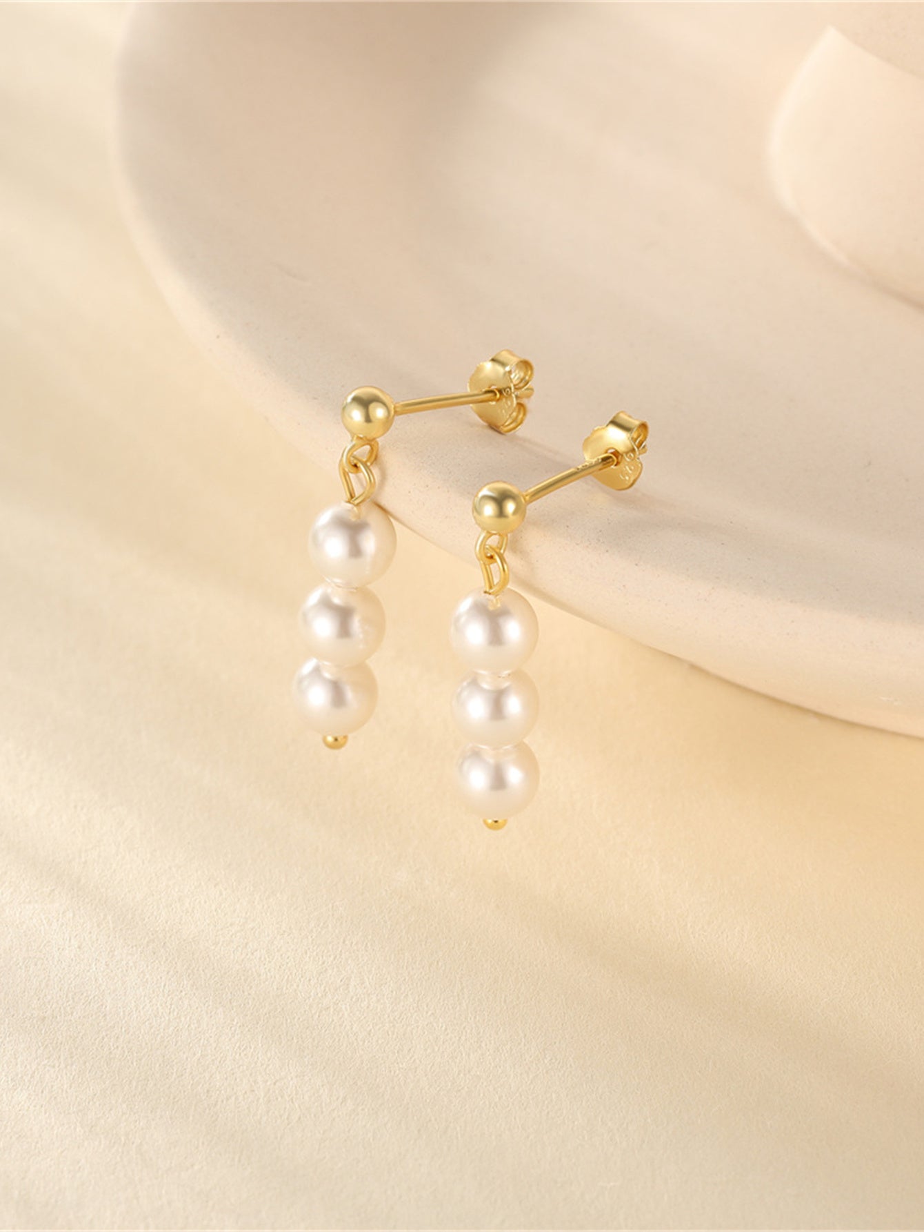 925 Sterling Silver Triple Pearl Drop Earrings