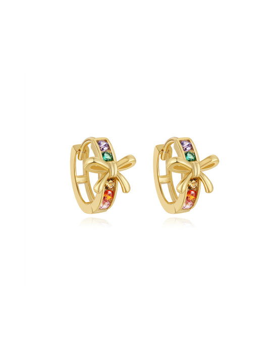 925 Sterling Silver Rainbow Zircon Bow Huggie Earrings
