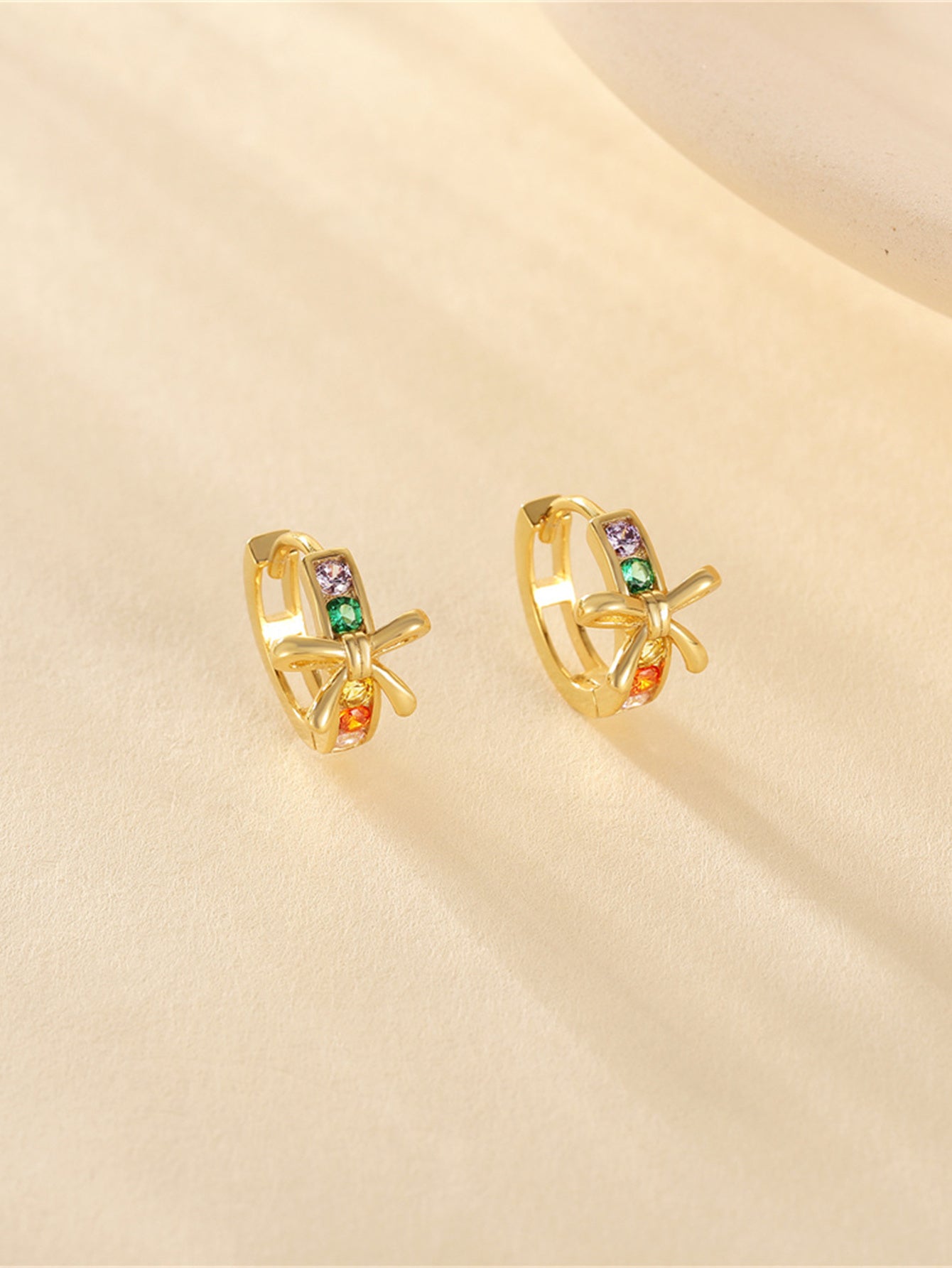 925 Sterling Silver Rainbow Zircon Bow Huggie Earrings
