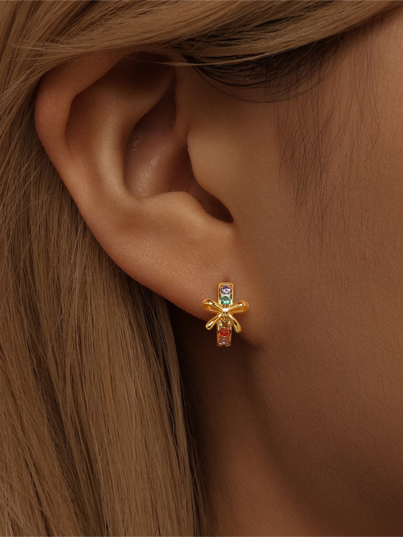 925 Sterling Silver Rainbow Zircon Bow Huggie Earrings