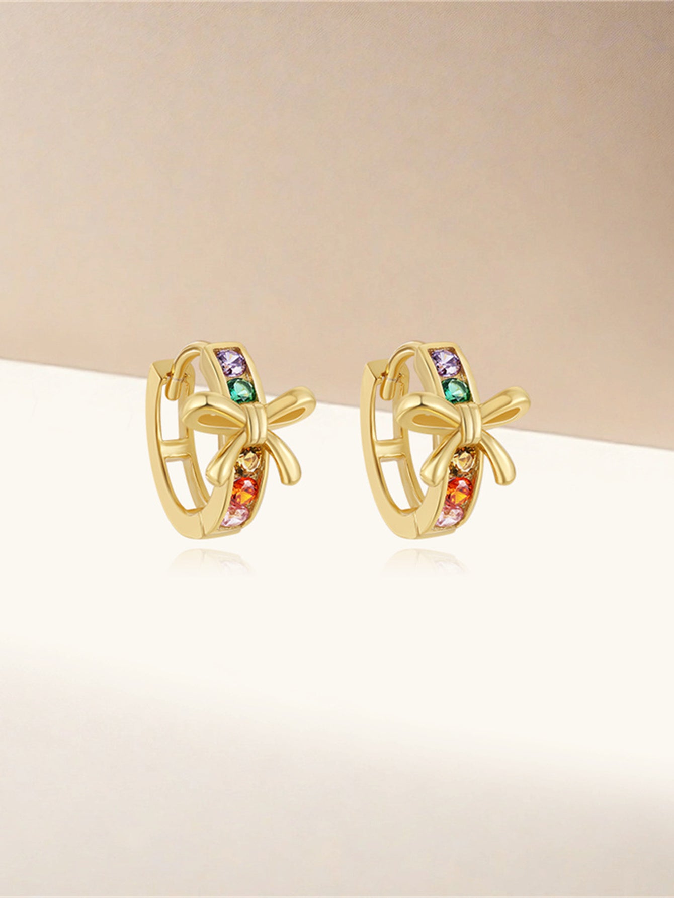 925 Sterling Silver Rainbow Zircon Bow Huggie Earrings