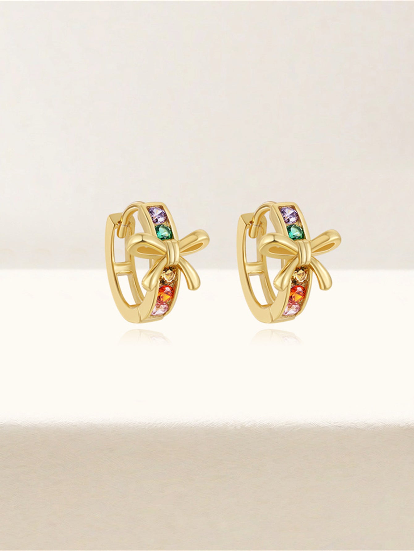 925 Sterling Silver Rainbow Zircon Bow Huggie Earrings