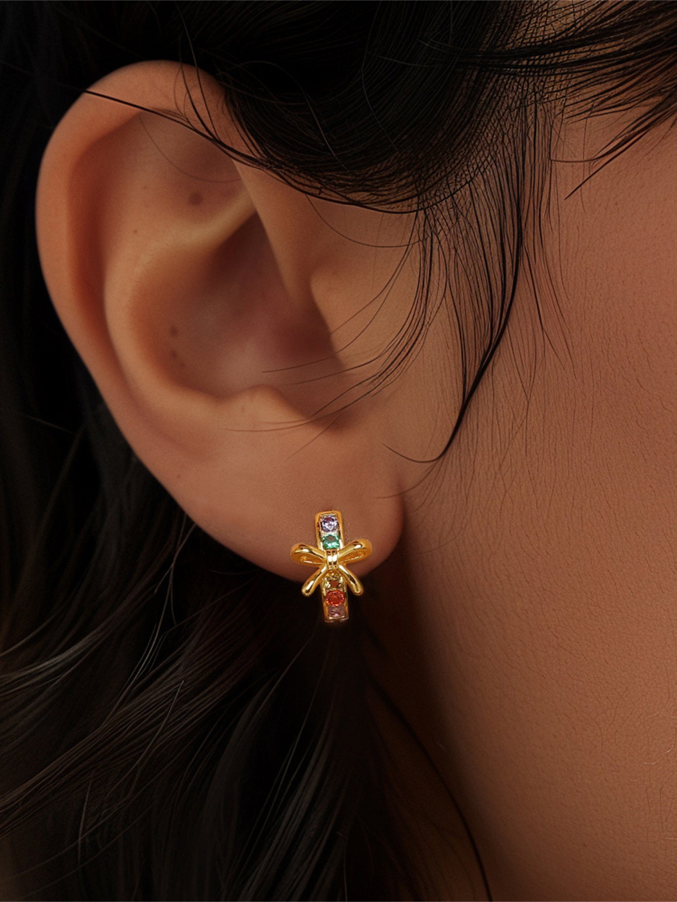 925 Sterling Silver Rainbow Zircon Bow Huggie Earrings