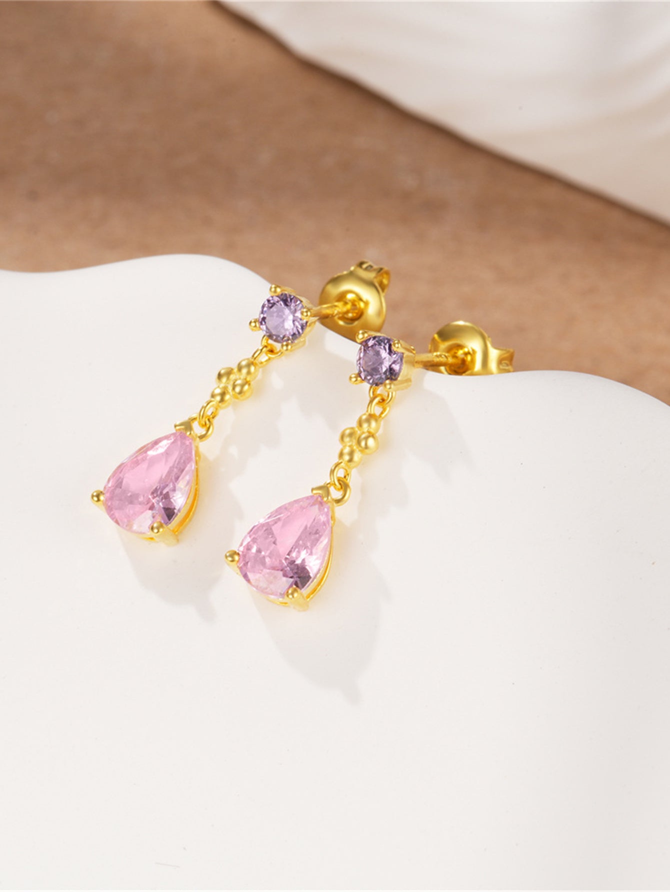 925 Sterling Silver Pink Teardrop Zircon Drop Earrings