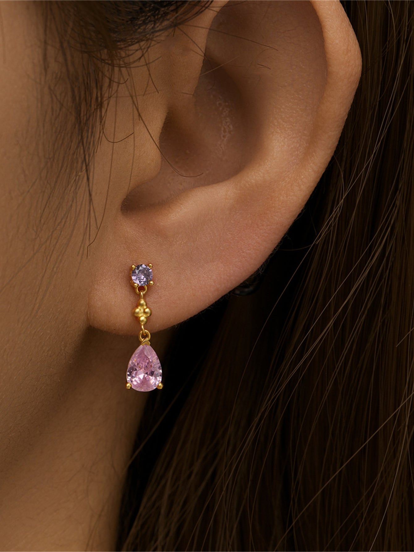 925 Sterling Silver Pink Teardrop Zircon Drop Earrings