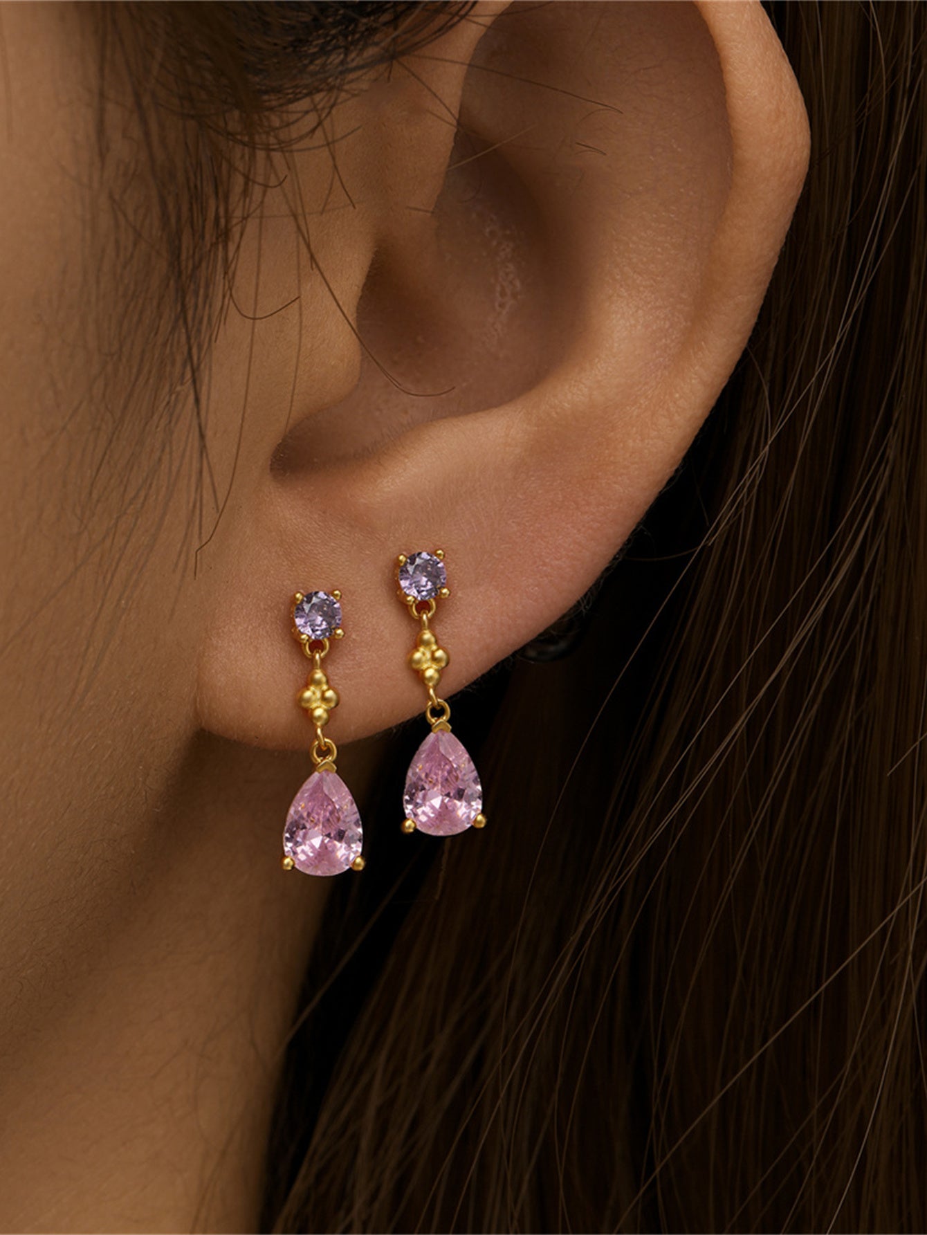 925 Sterling Silver Pink Teardrop Zircon Drop Earrings