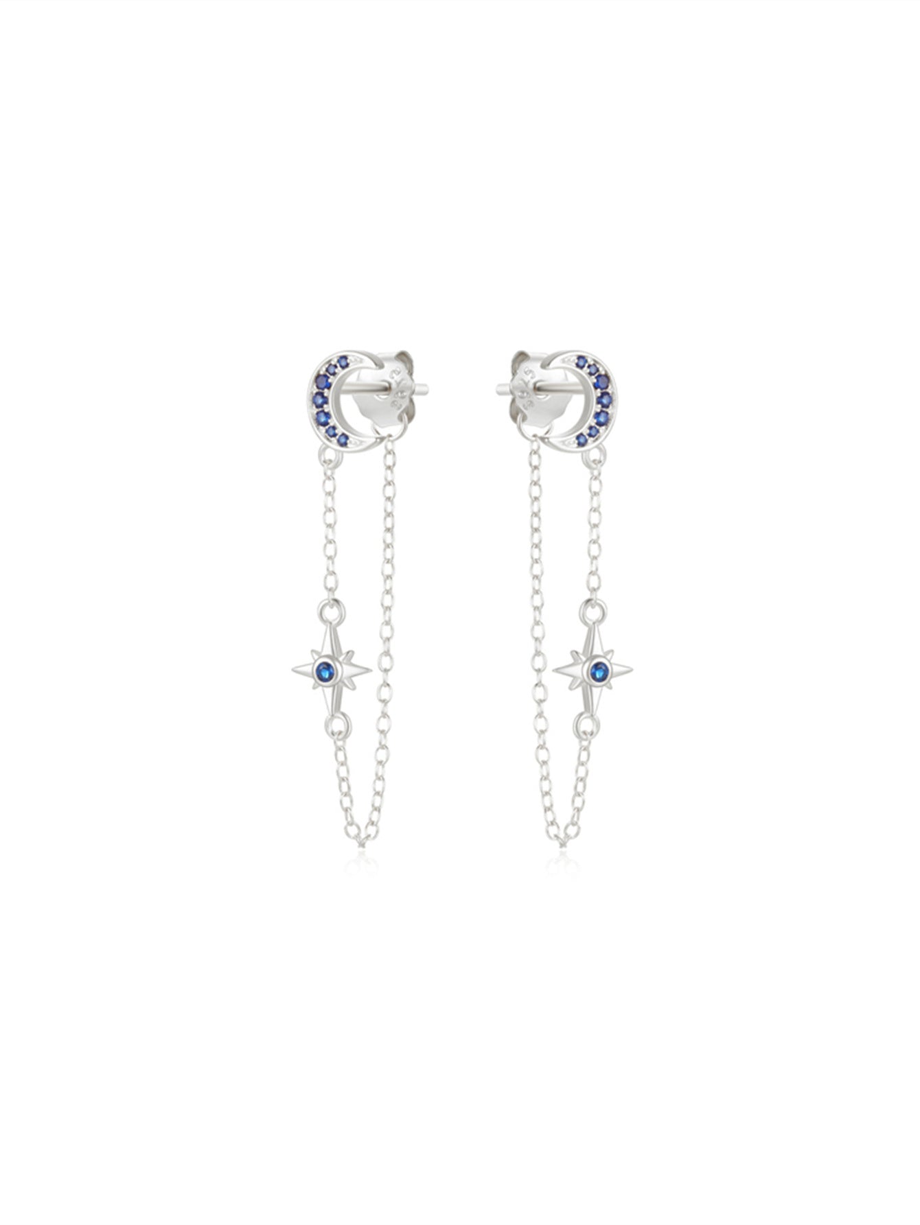 925 Sterling Silver Moon Star Chain Drop Earrings