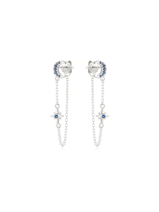 925 Sterling Silver Moon Star Chain Drop Earrings