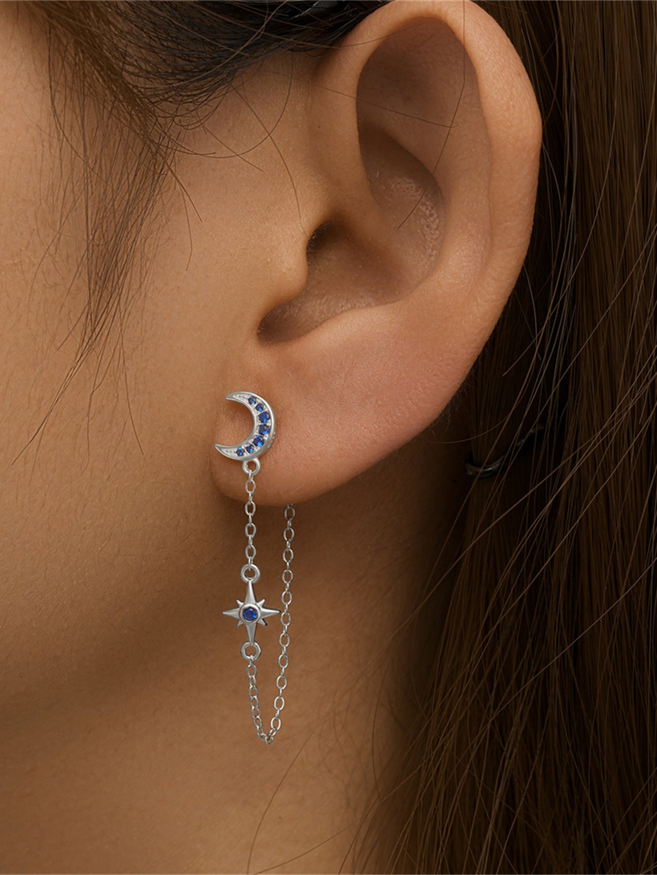 925 Sterling Silver Moon Star Chain Drop Earrings