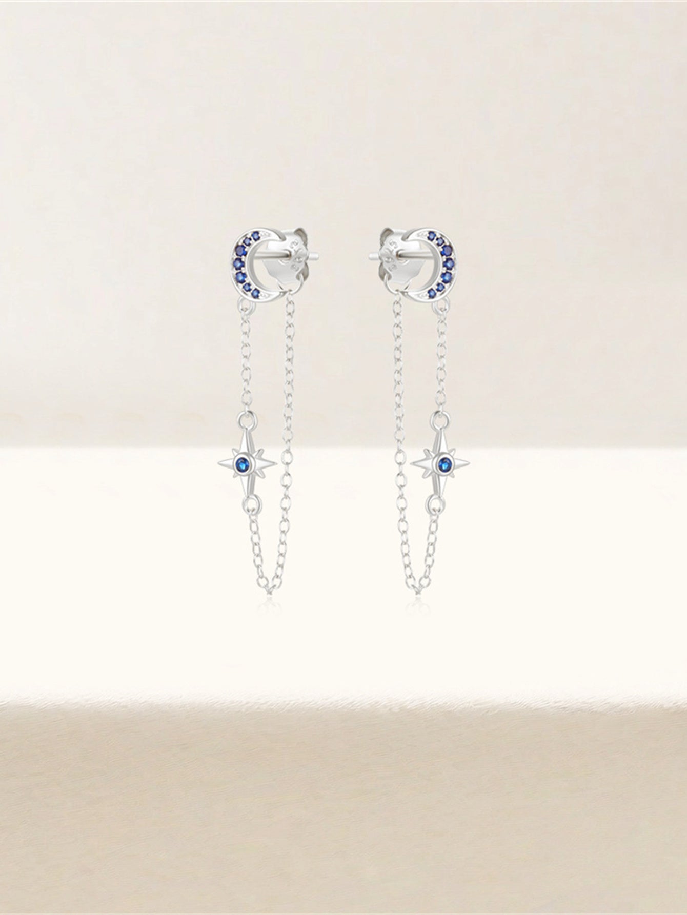 925 Sterling Silver Moon Star Chain Drop Earrings