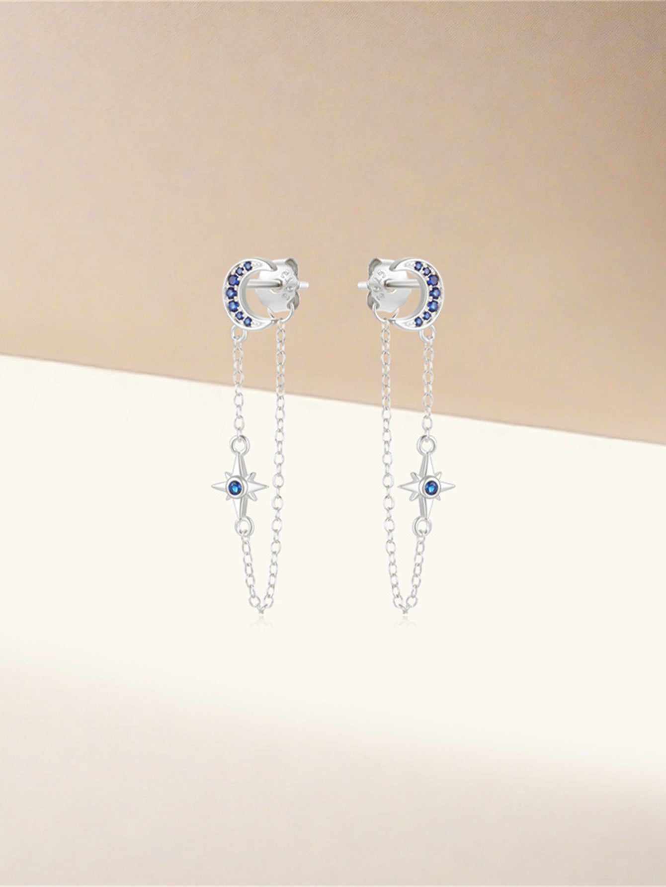 925 Sterling Silver Moon Star Chain Drop Earrings