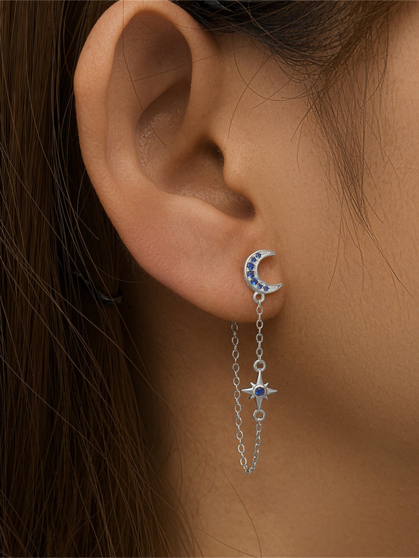 925 Sterling Silver Moon Star Chain Drop Earrings