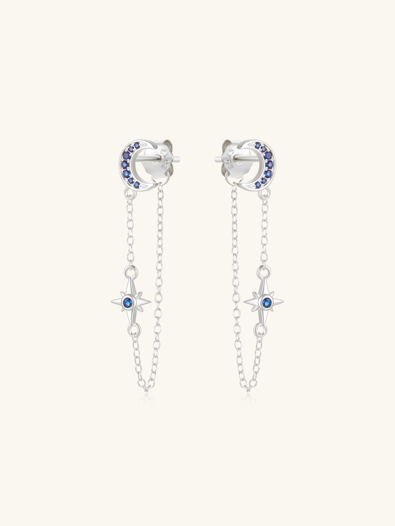 925 Sterling Silver Moon Star Chain Drop Earrings