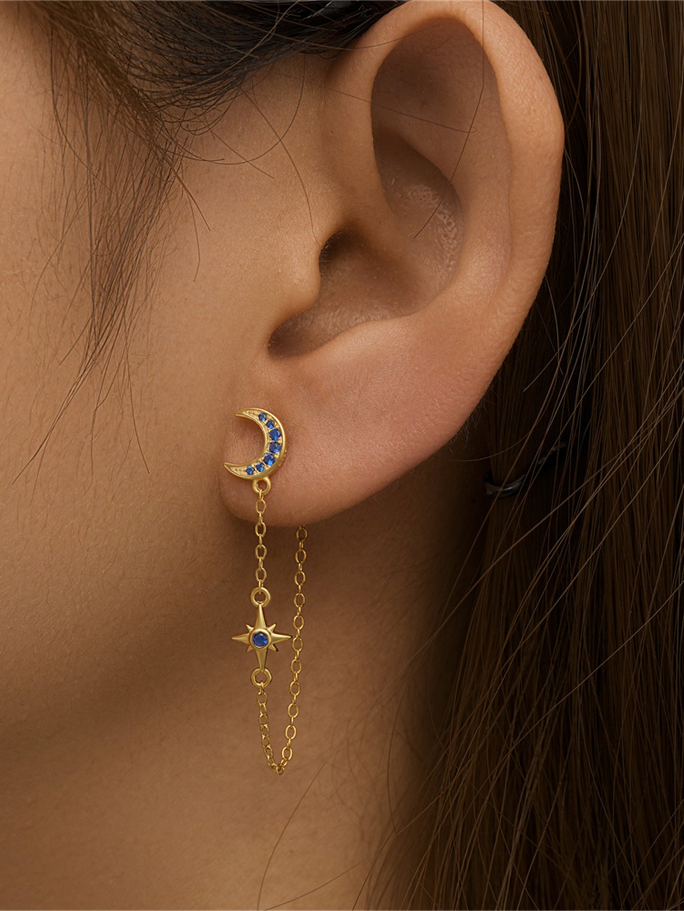 925 Sterling Silver Moon Star Chain Drop Earrings