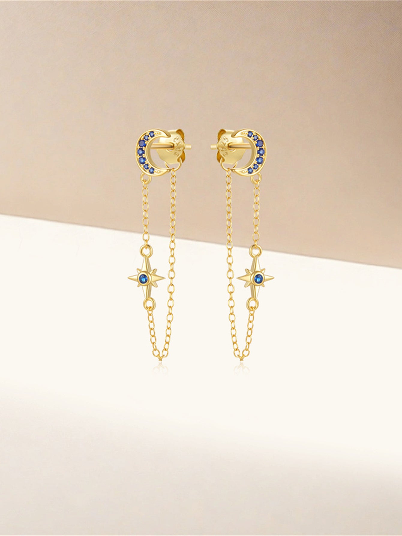 925 Sterling Silver Moon Star Chain Drop Earrings