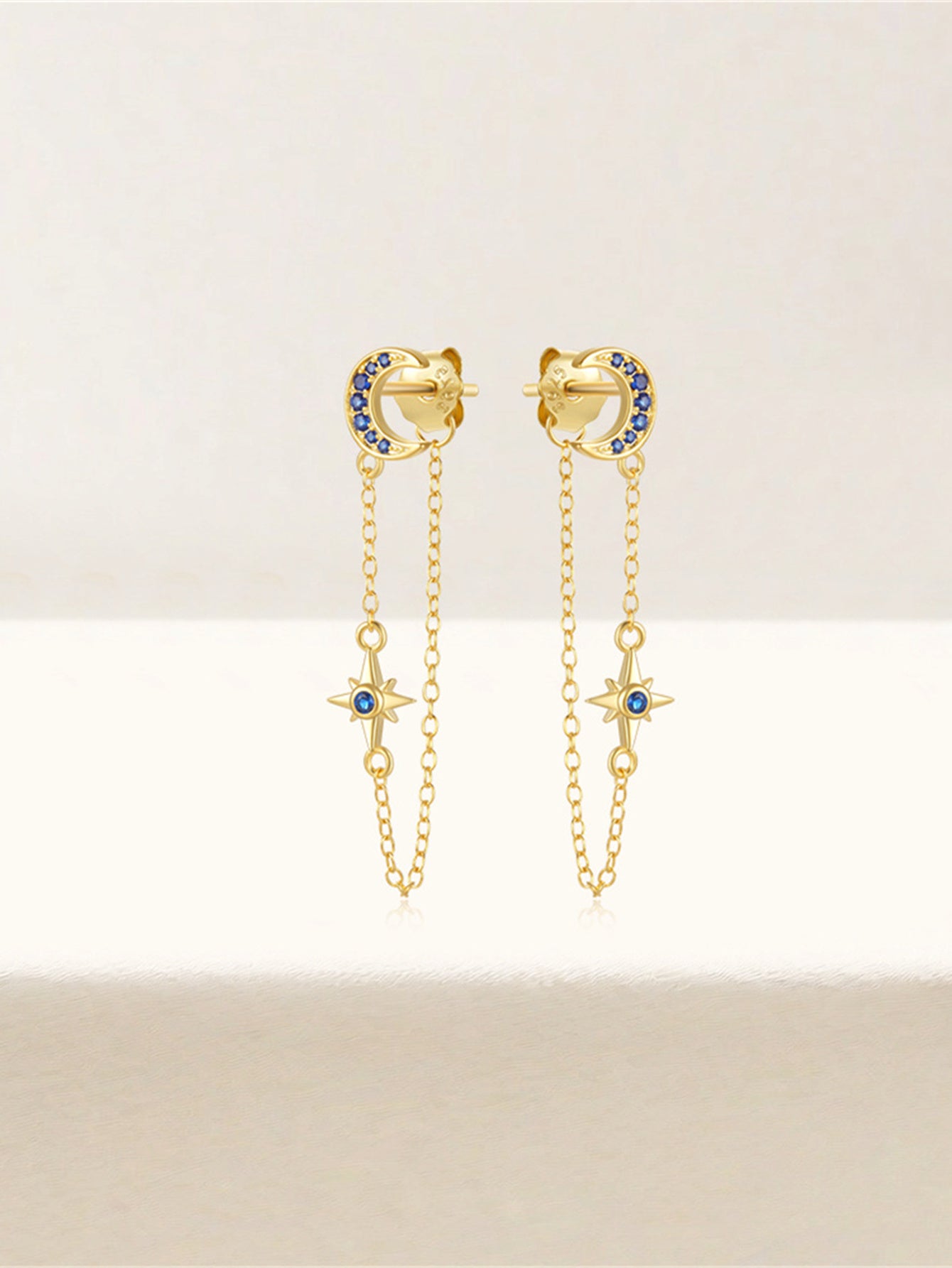 925 Sterling Silver Moon Star Chain Drop Earrings