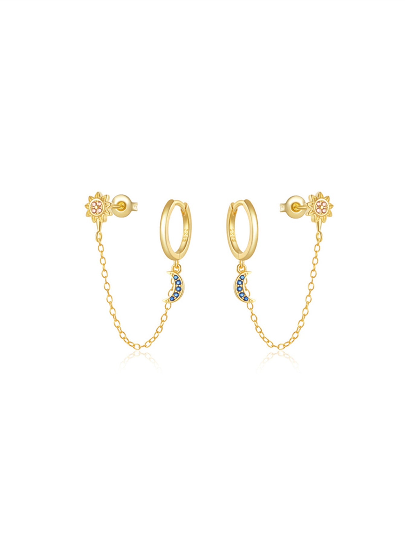 925 Sterling Silver Sun & Moon Chain Hoop Earrings