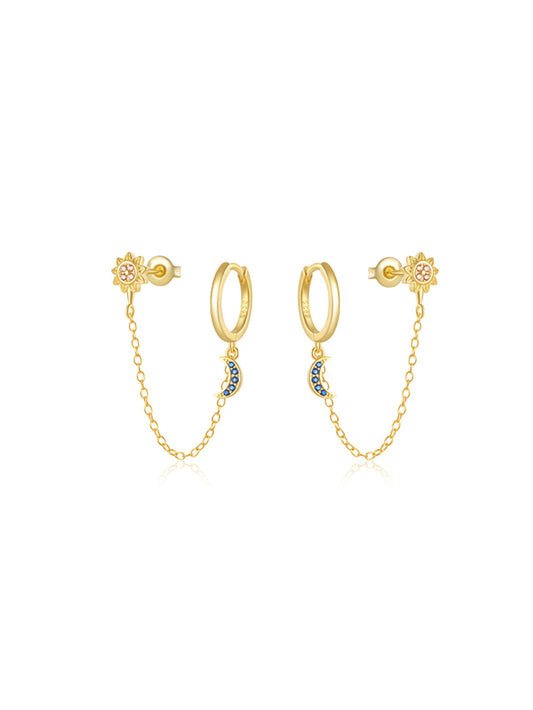 925 Sterling Silver Sun & Moon Chain Hoop Earrings
