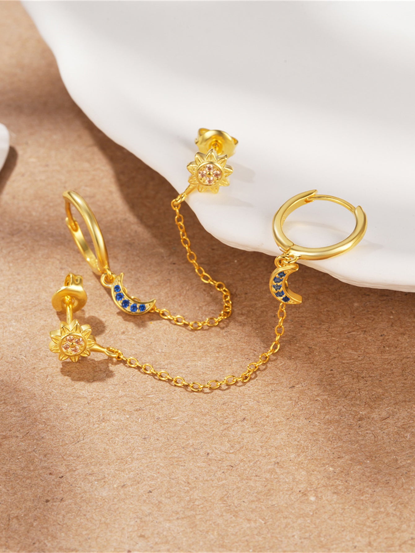 925 Sterling Silver Sun & Moon Chain Hoop Earrings