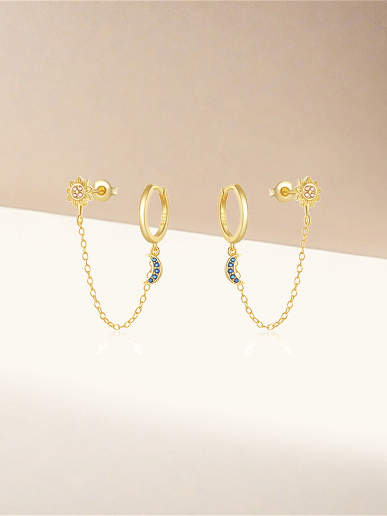 925 Sterling Silver Sun & Moon Chain Hoop Earrings