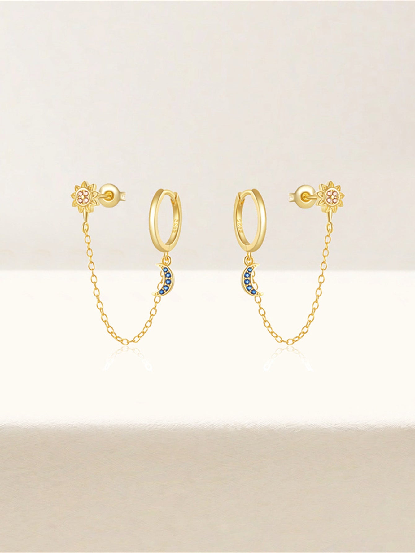 925 Sterling Silver Sun & Moon Chain Hoop Earrings