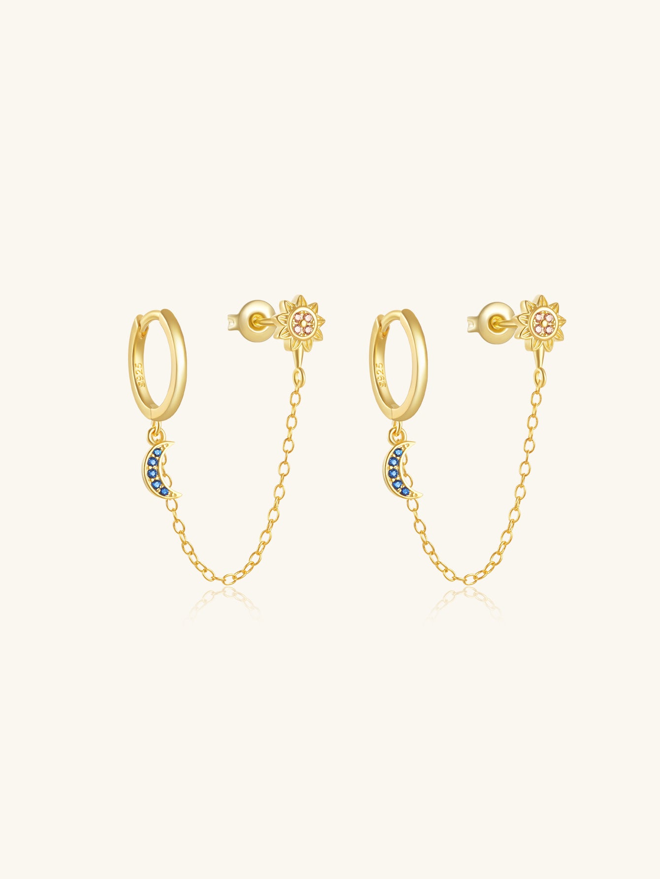 925 Sterling Silver Sun & Moon Chain Hoop Earrings