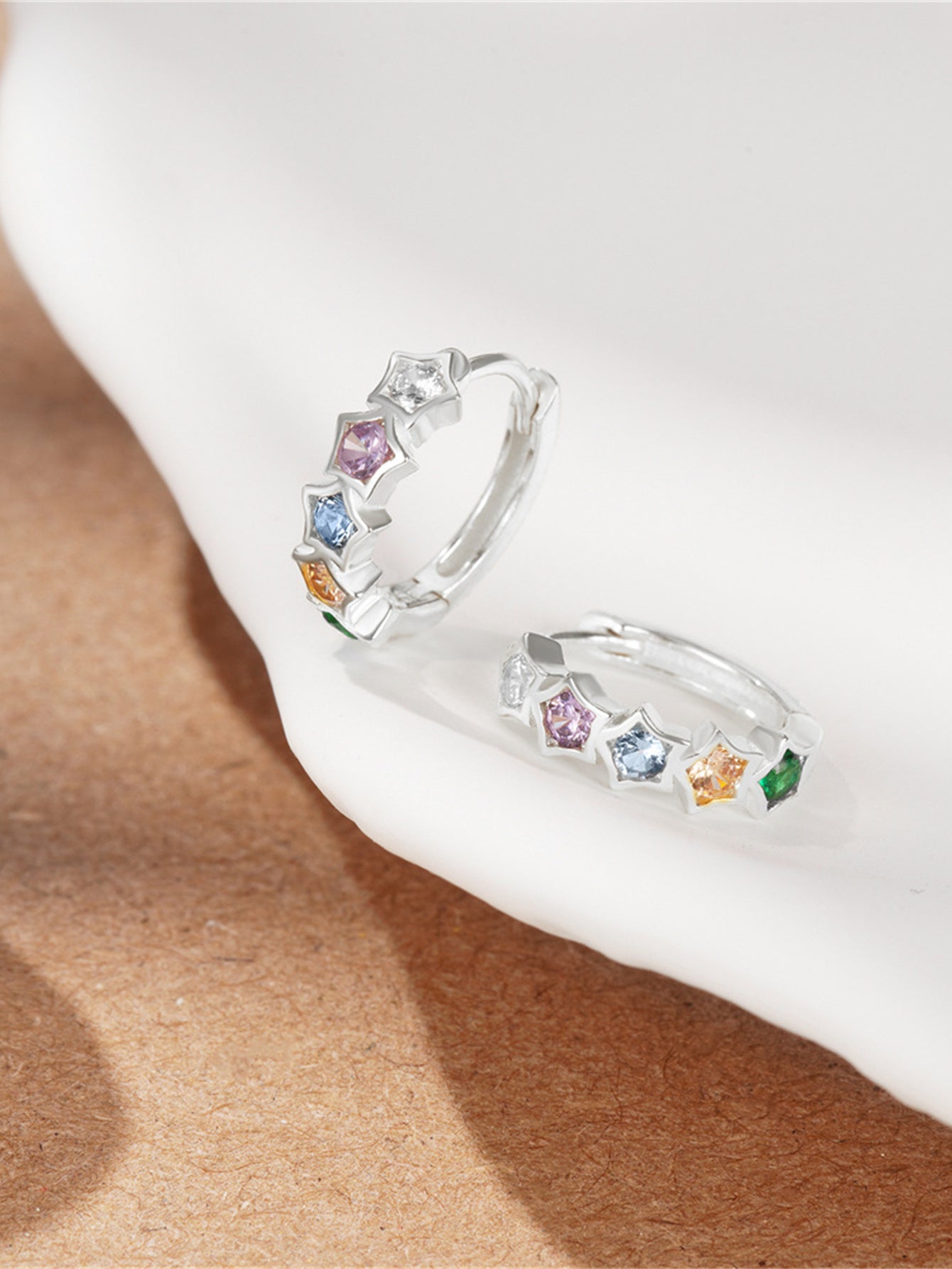 925 Sterling Silver Rainbow Star Hoop Earrings