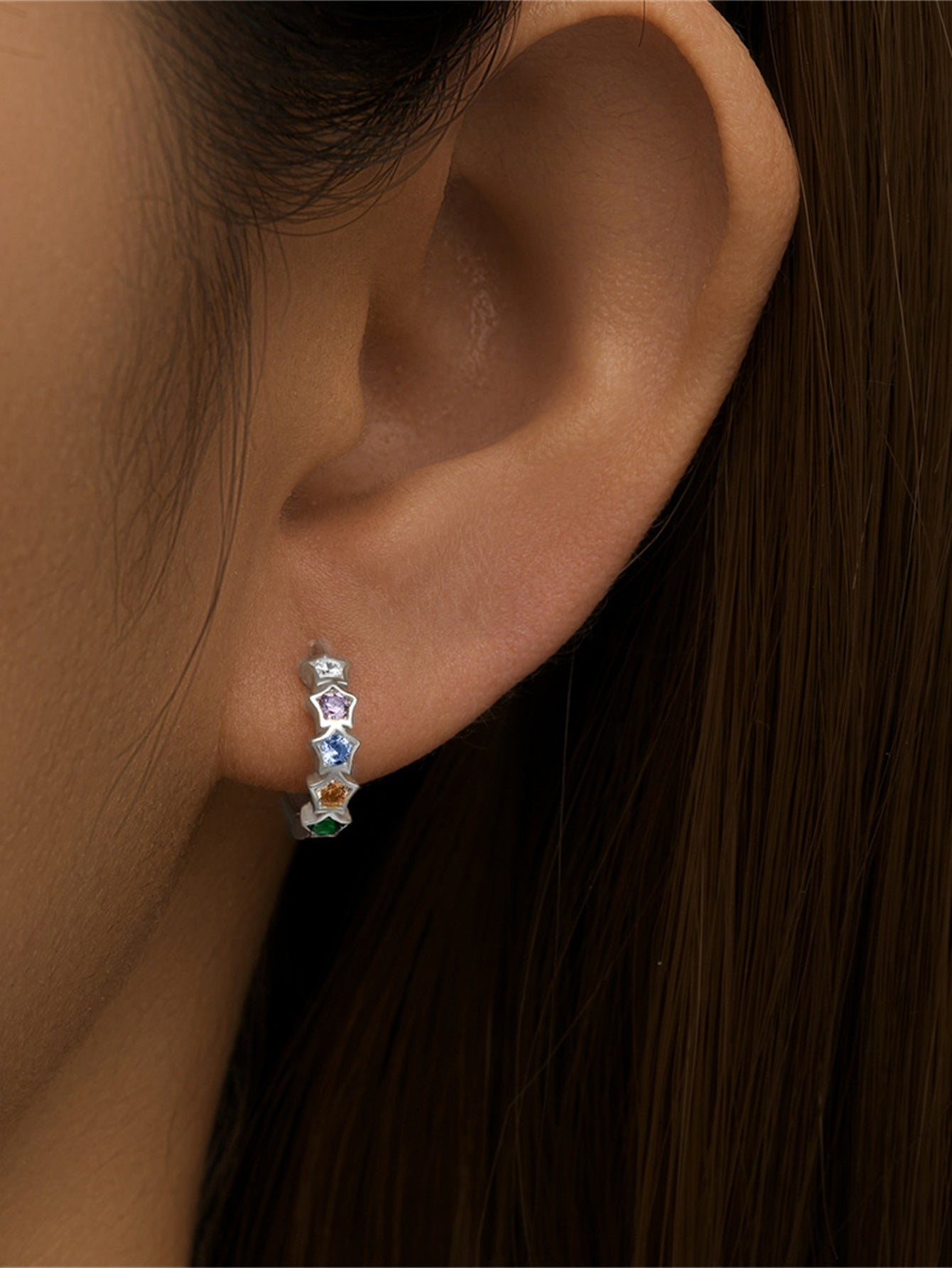925 Sterling Silver Rainbow Star Hoop Earrings