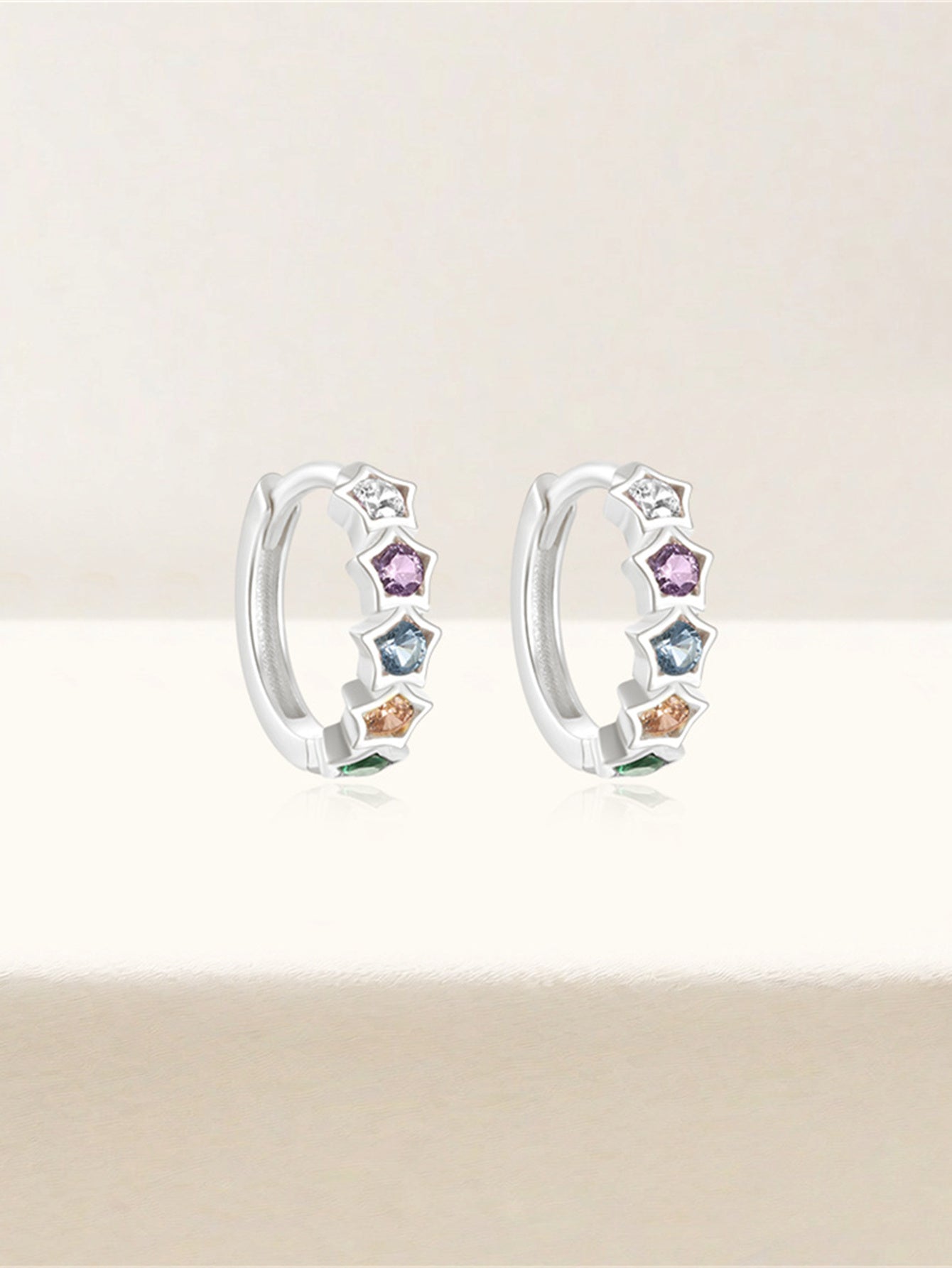 925 Sterling Silver Rainbow Star Hoop Earrings