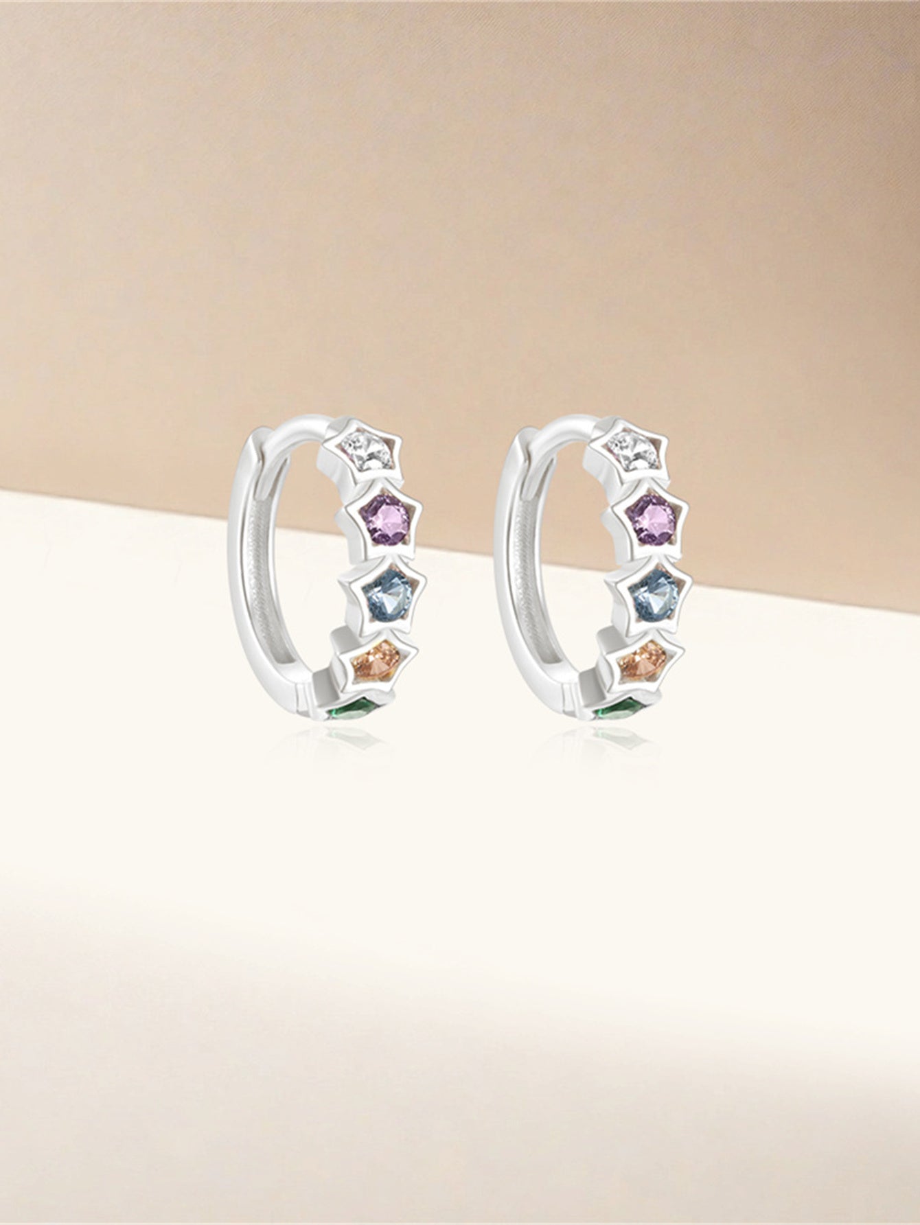 925 Sterling Silver Rainbow Star Hoop Earrings