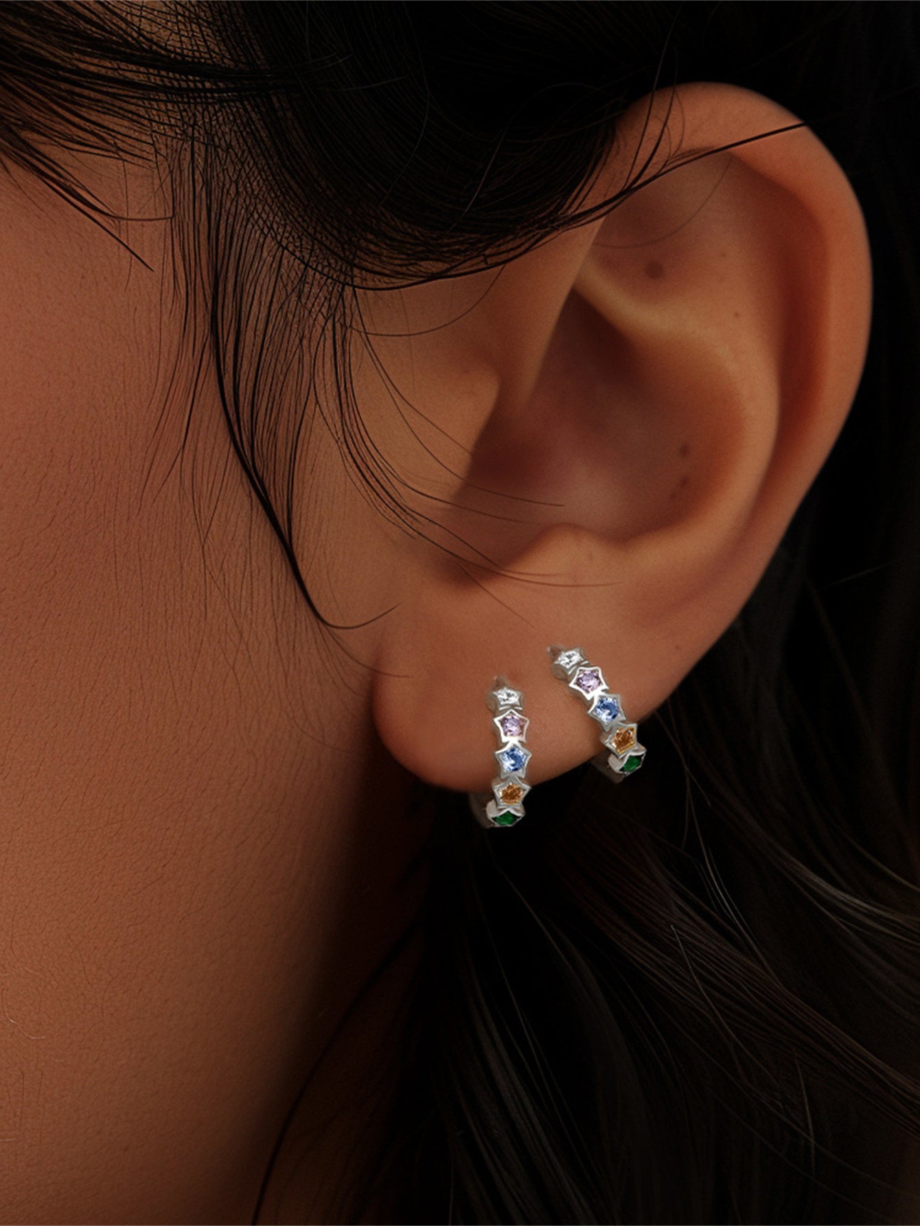 925 Sterling Silver Rainbow Star Hoop Earrings
