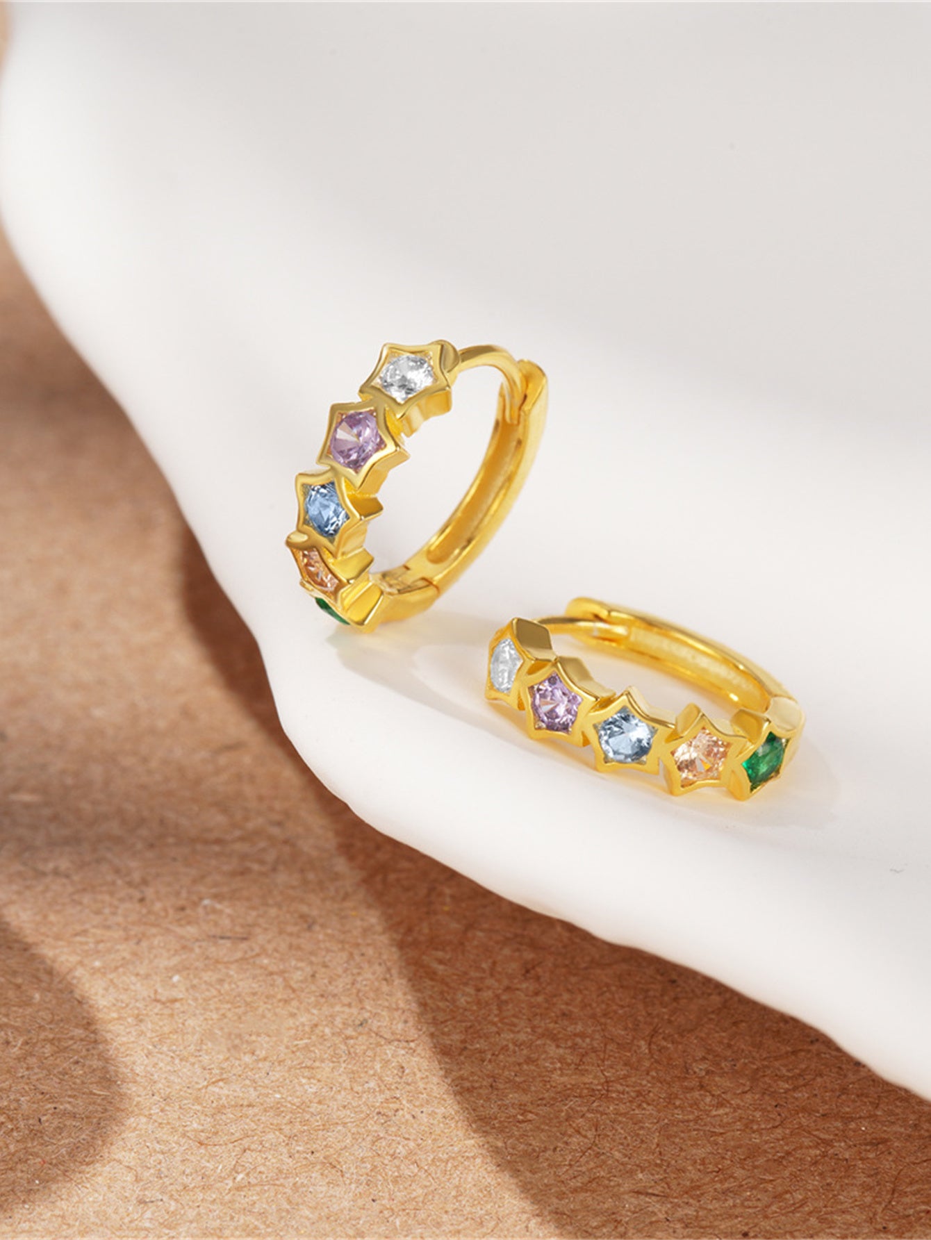925 Sterling Silver Rainbow Star Hoop Earrings