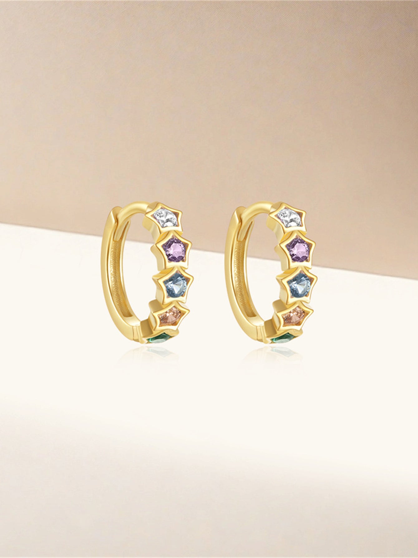 925 Sterling Silver Rainbow Star Hoop Earrings