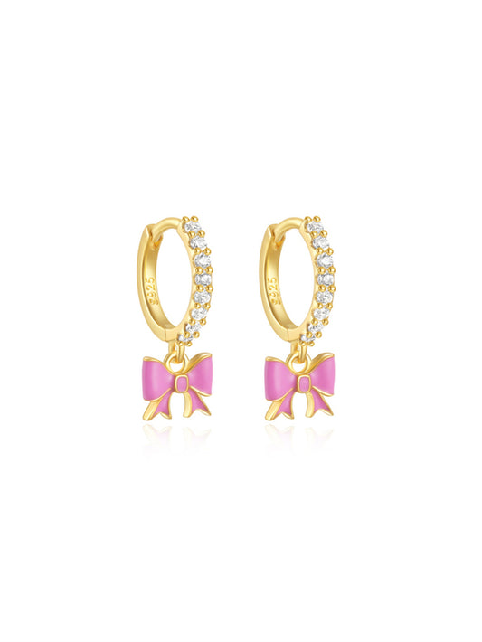 925 Sterling Silver Pink Bow Zircon Hoop Earrings