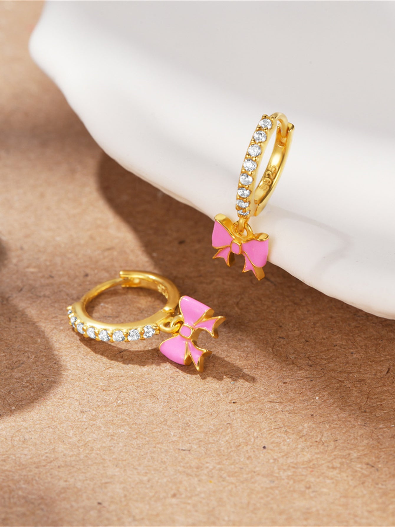 925 Sterling Silver Pink Bow Zircon Hoop Earrings