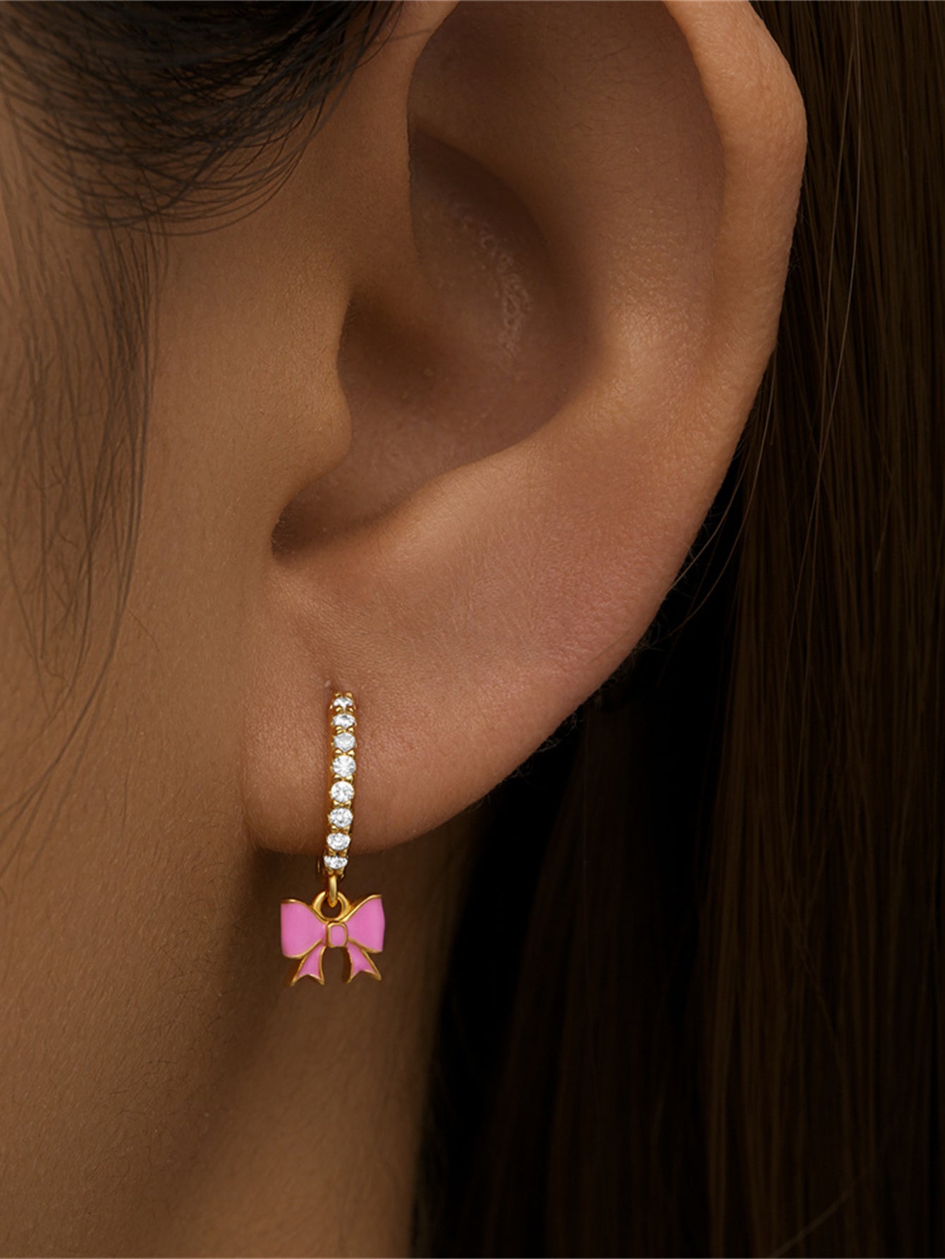 925 Sterling Silver Pink Bow Zircon Hoop Earrings